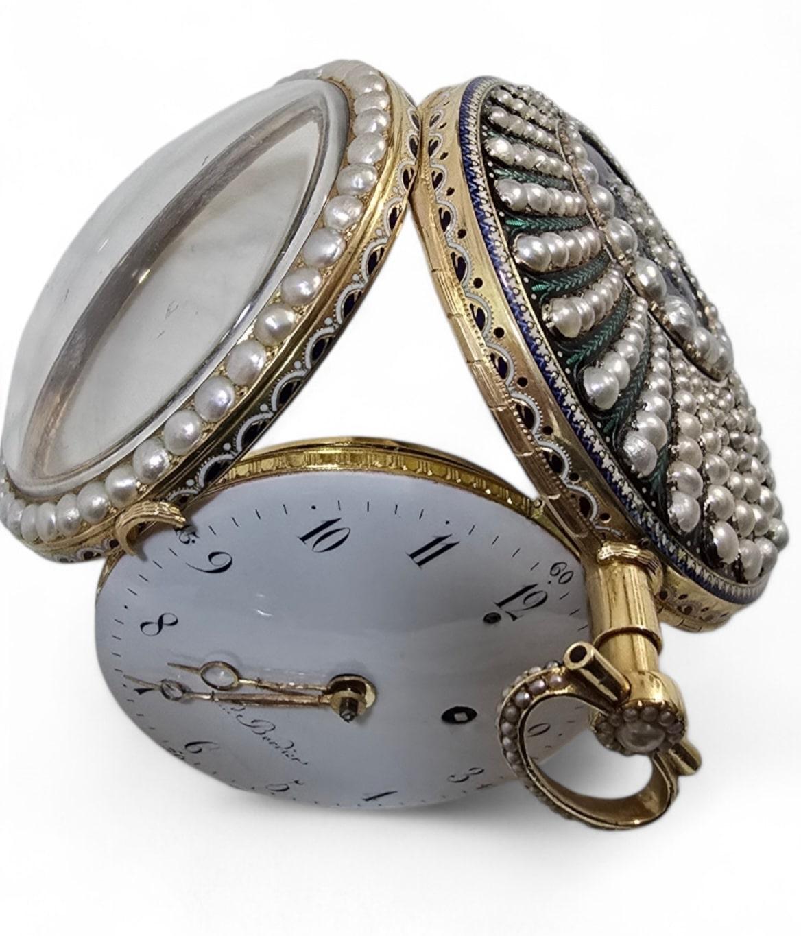 Leonard Bordier 18K Gold Pocket Watch with Pearls and Enamel – Made for the Chin For Sale 6