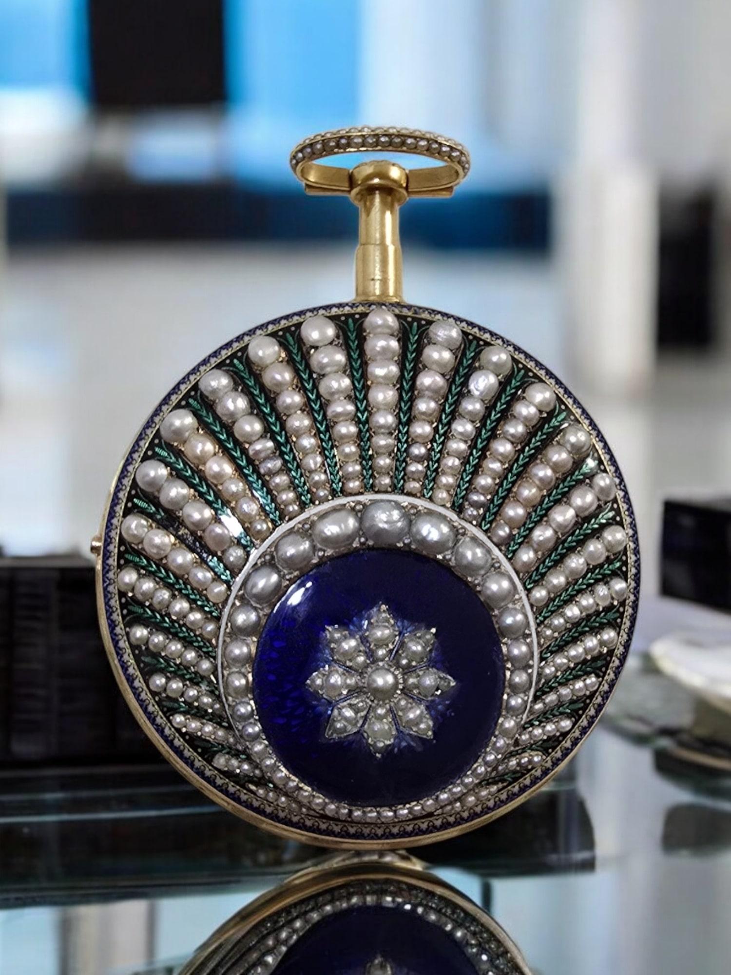 Leonard Bordier 18K Gold Pocket Watch with Pearls and Enamel – Made for the Chin For Sale 10