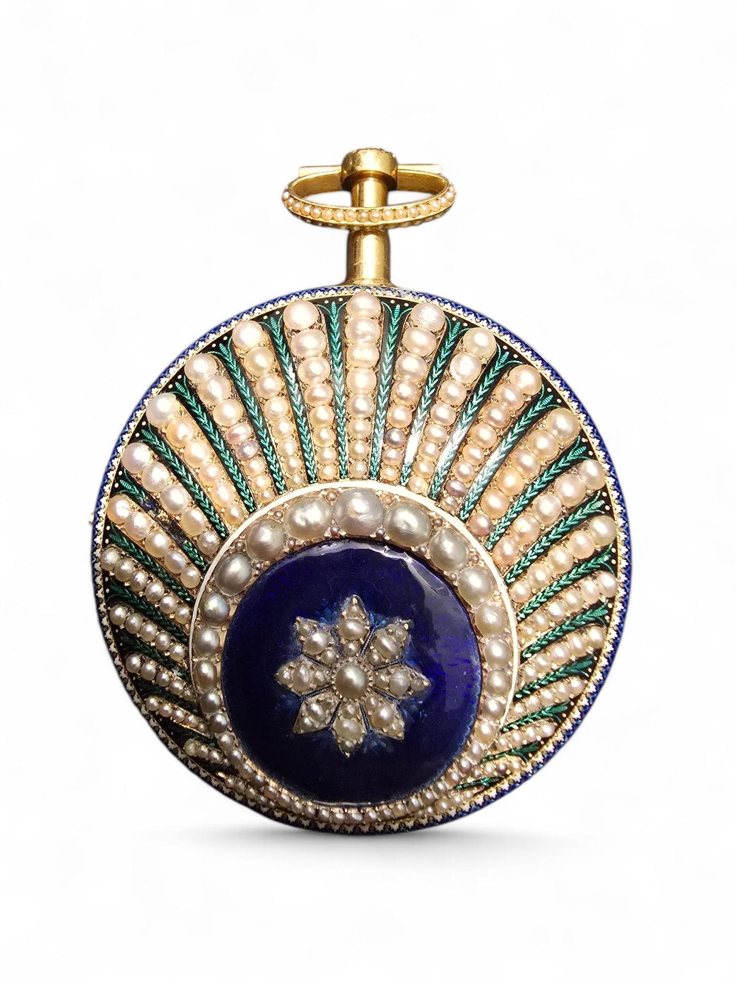 Leonard Bordier 18K Gold Pocket Watch with Pearls and Enamel – Made for the Chin For Sale 12