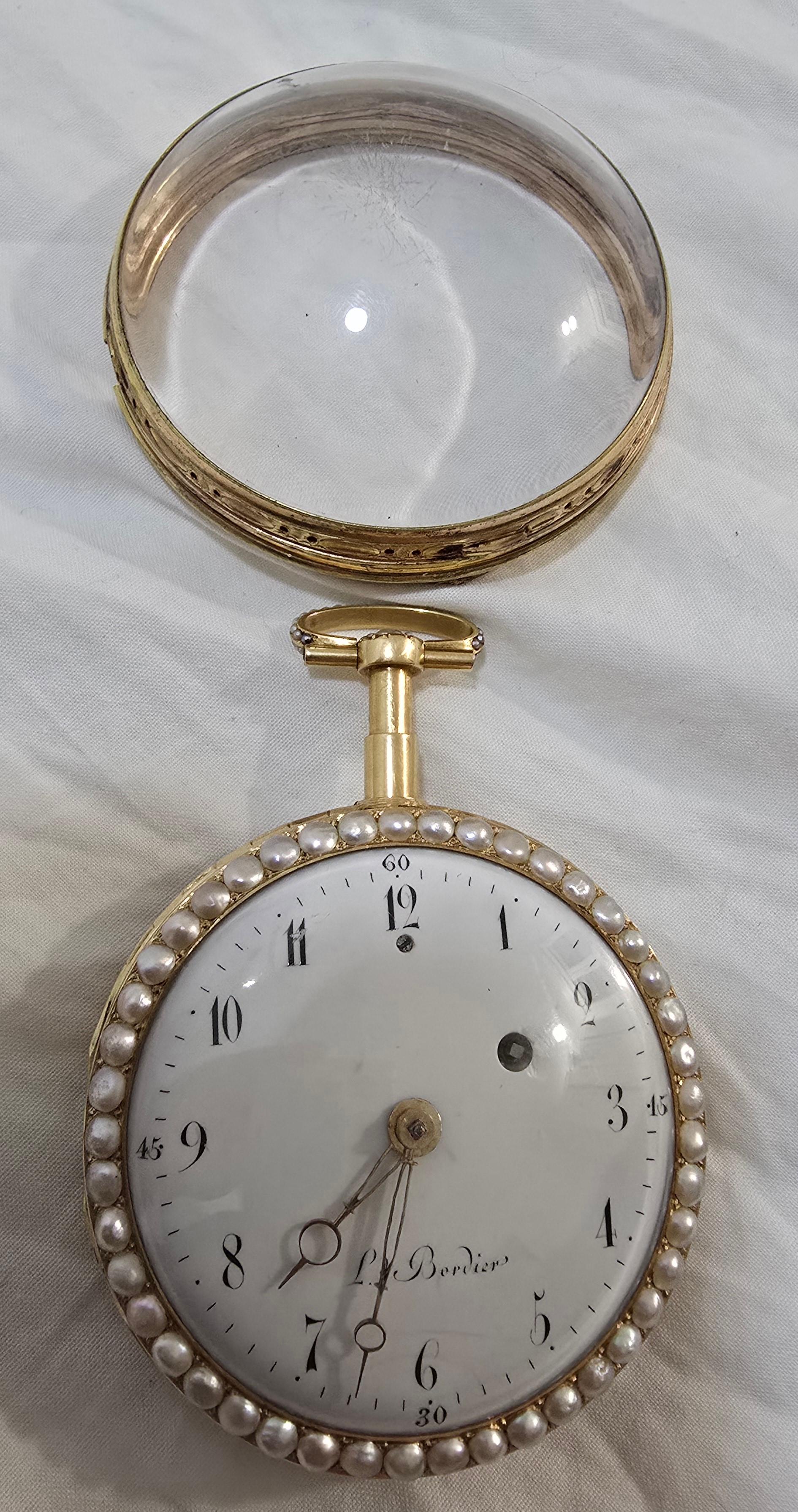An exquisite late 18th-century pocket watch signed by Leonard Bordier, crafted circa 1790, in 18K gold with fine enamel work and adorned with original pearls. This exceptional piece is a testament to the artistry and precision of Swiss watchmaking,