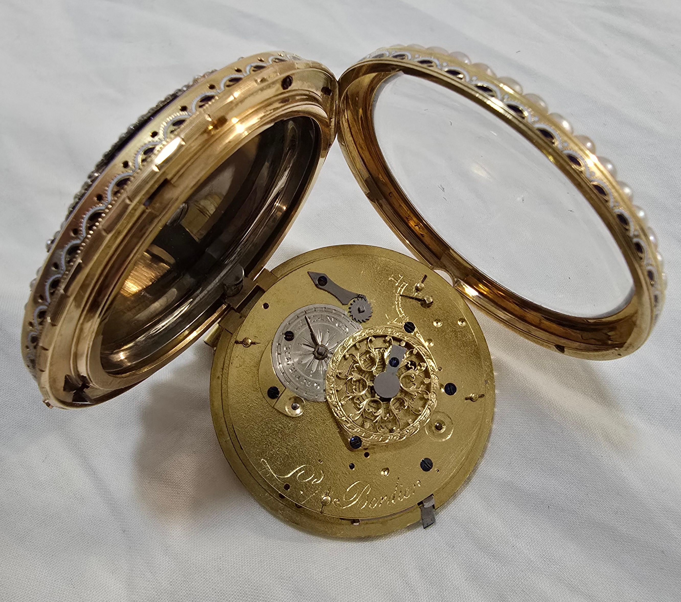 Late 18th Century Leonard Bordier 18K Gold Pocket Watch with Pearls and Enamel – Made for the Chin For Sale