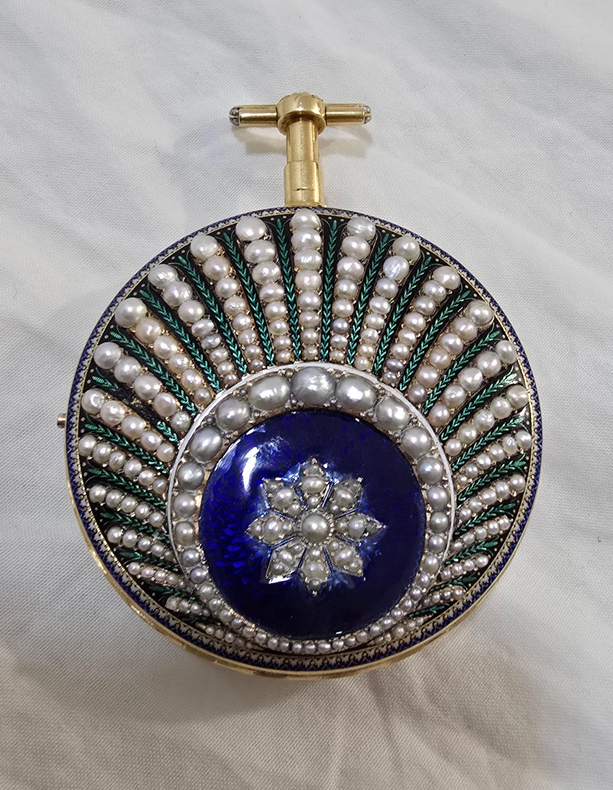Leonard Bordier 18K Gold Pocket Watch with Pearls and Enamel – Made for the Chin For Sale 2