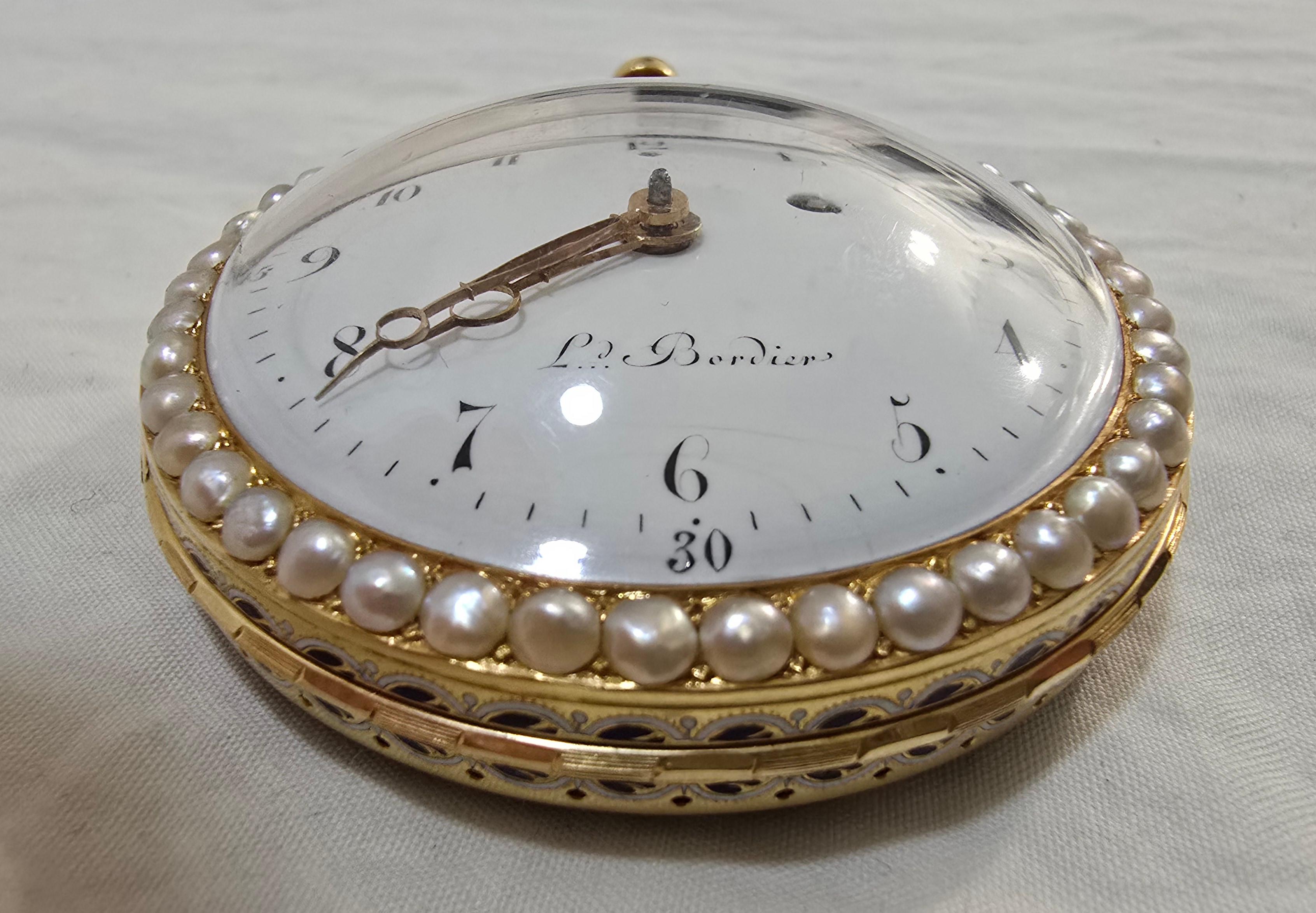 Leonard Bordier 18K Gold Pocket Watch with Pearls and Enamel – Made for the Chin For Sale 3
