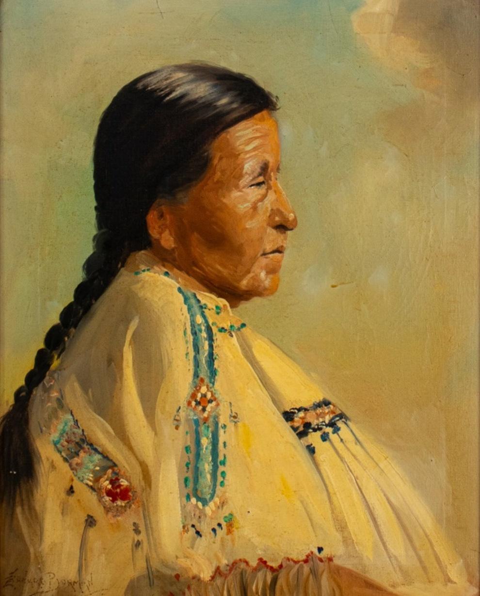 Leonard Borman (British/American, 1894-1995) oil painting on canvas depicting the portrait of a Native American woman looking right, signed lower left, housed in a distressed and gilt wood frame.

Dimensions: Image: 19.5