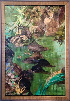 Grande dipinto figurativo astratto canadese messicano a collage, paesaggio