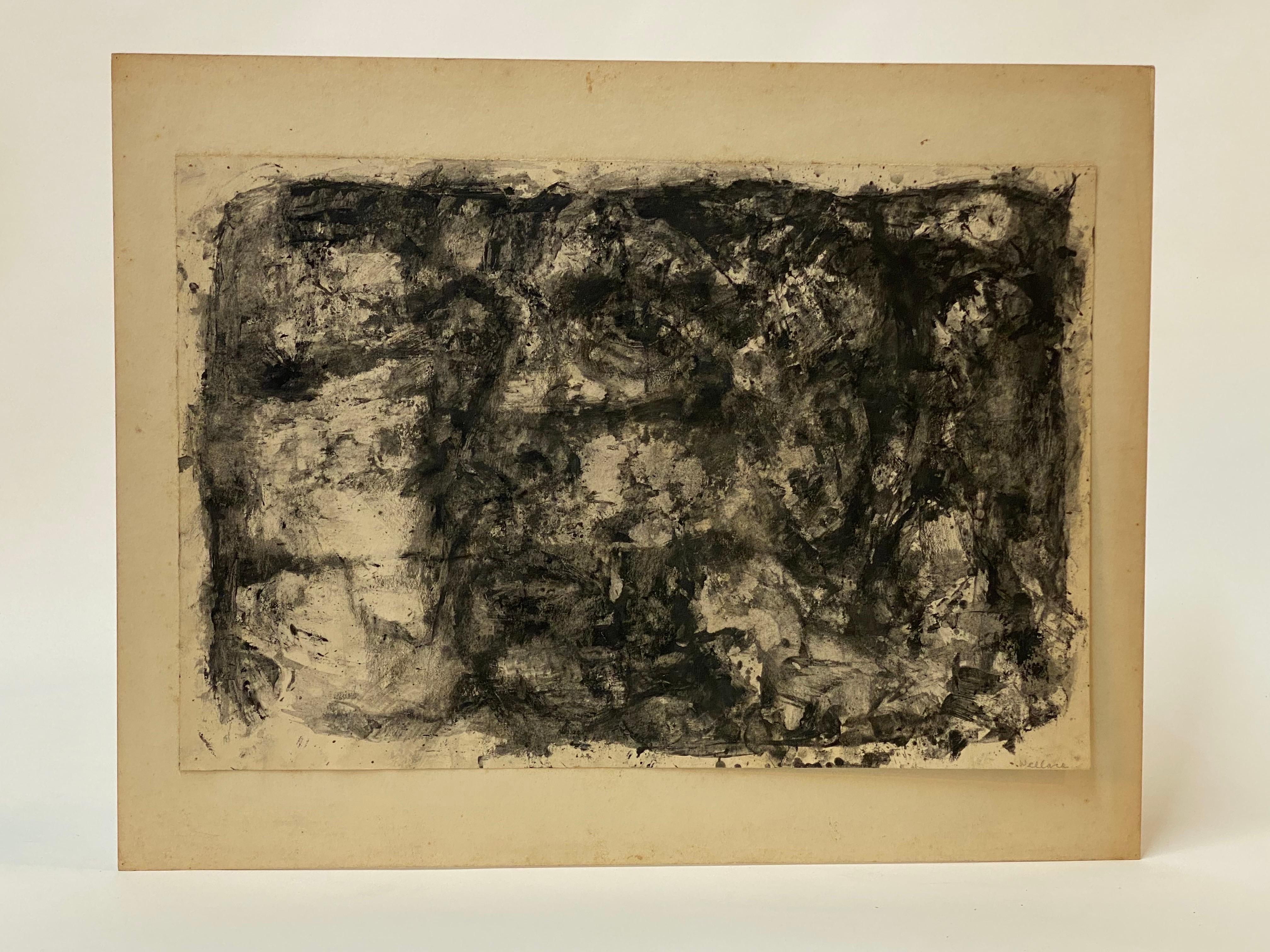 Mid-Century Modern Leonard Buzz Wallace Black and White Abstract Expressionist Painting For Sale