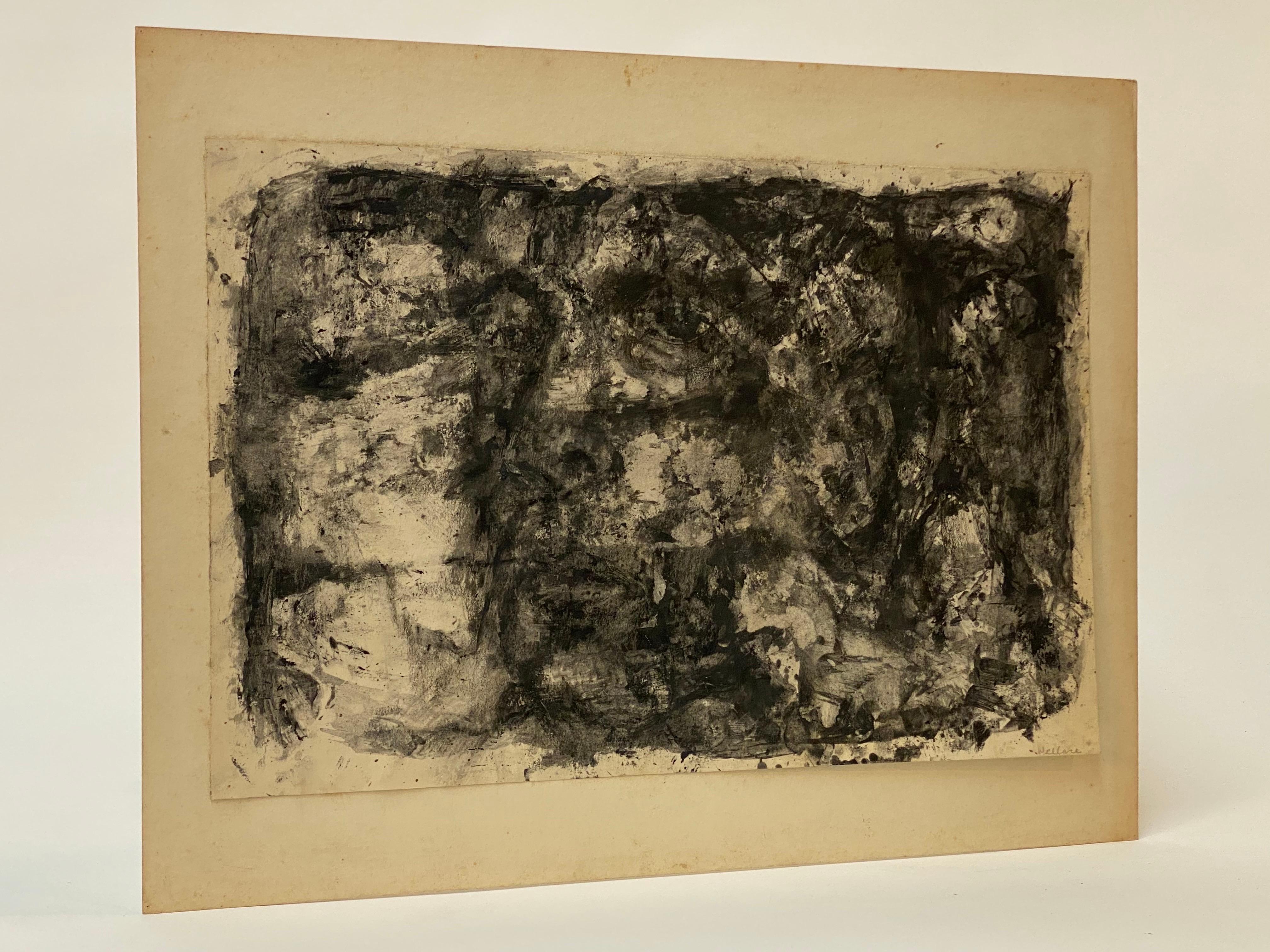 Peint à la main Peinture expressionniste abstraite noire et blanche de Leonard Buzz Wallace en vente
