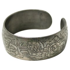 Leonard Carnation Etched Pewter Cuff Bracelet circa 1970s