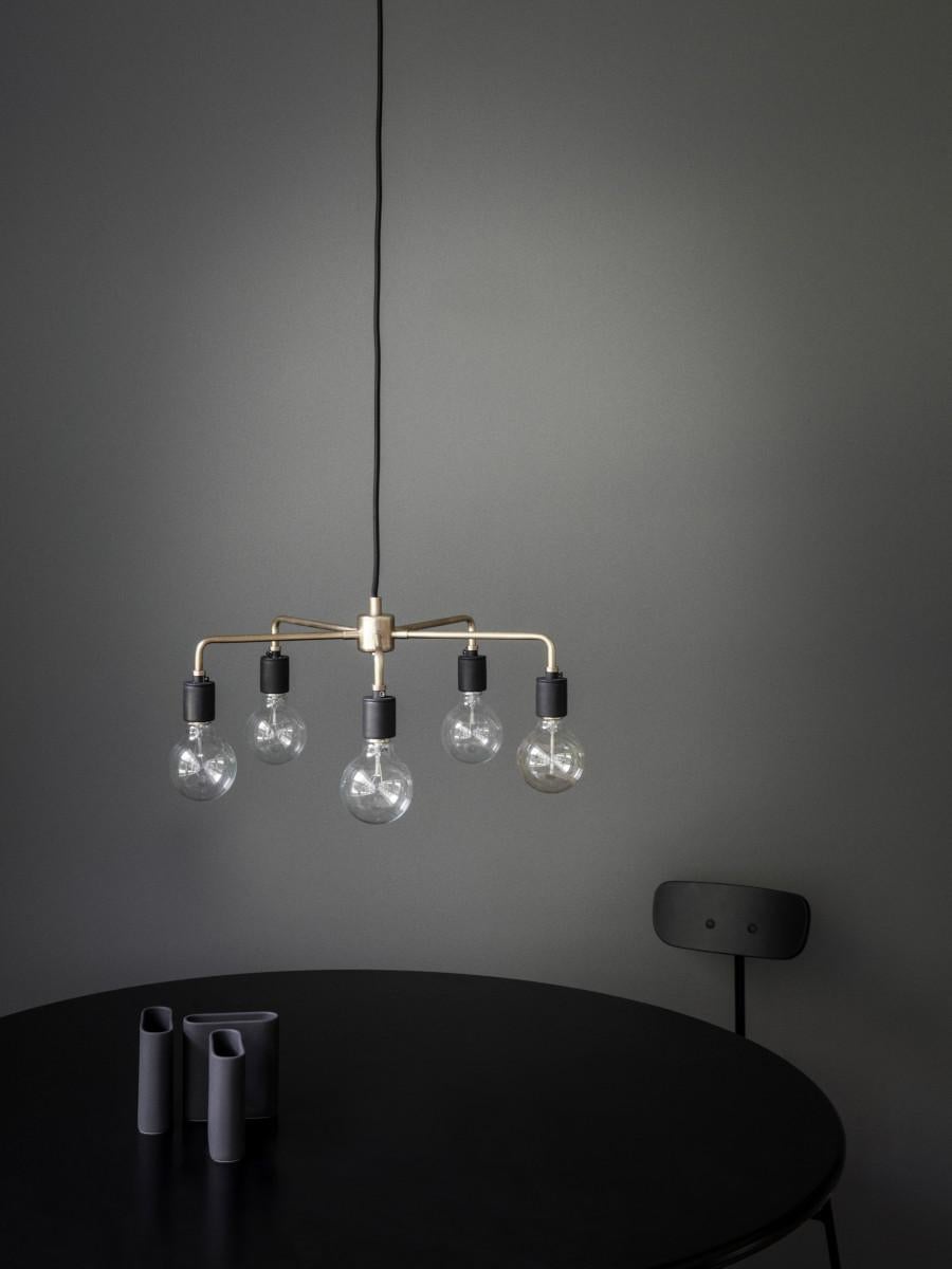 Scandinavian Modern Leonard Chandelier, Brass and Five TR Matte Bulbs Set