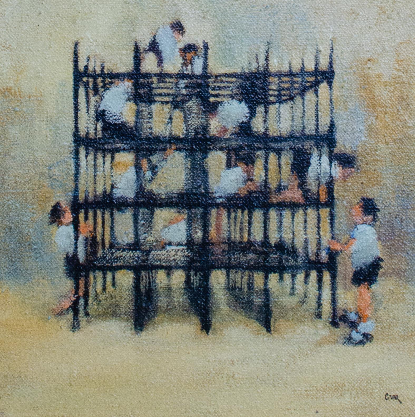 Original Leonard Creo Painting of Boys on a Jungle Gym For Sale 1