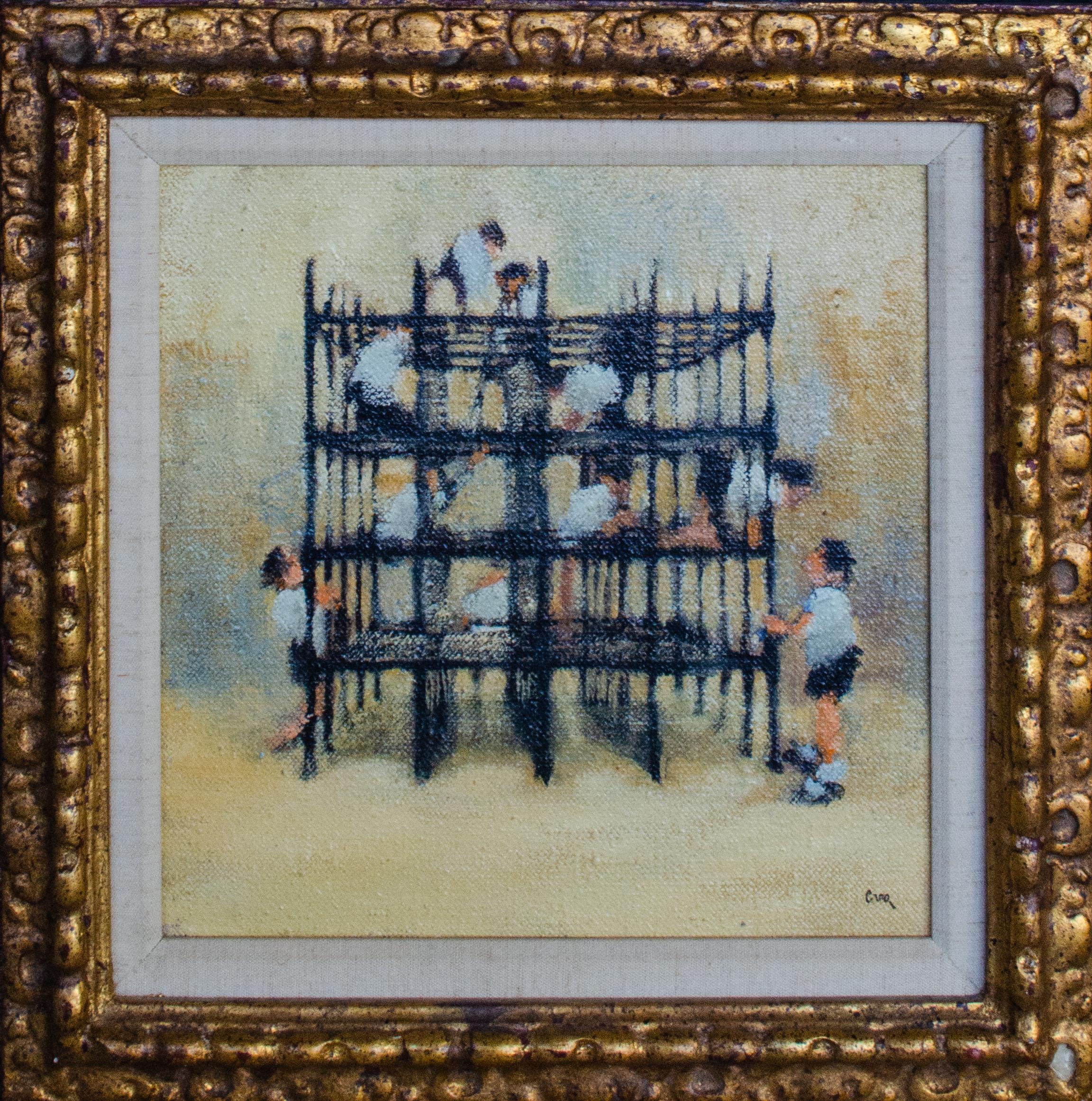 Leonard Creo (American, 1923-2019)
Children on Jungle Gym, c. 20th century
Oil on canvas
12 x 11 3/4 in. 
Signed lower right: Creo - 

Another version of this work can be found in the collection oft he Nasher Museum of Art at Duke University,