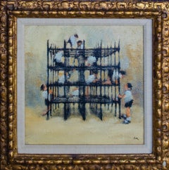 Vintage Original Leonard Creo Painting of Boys on a Jungle Gym