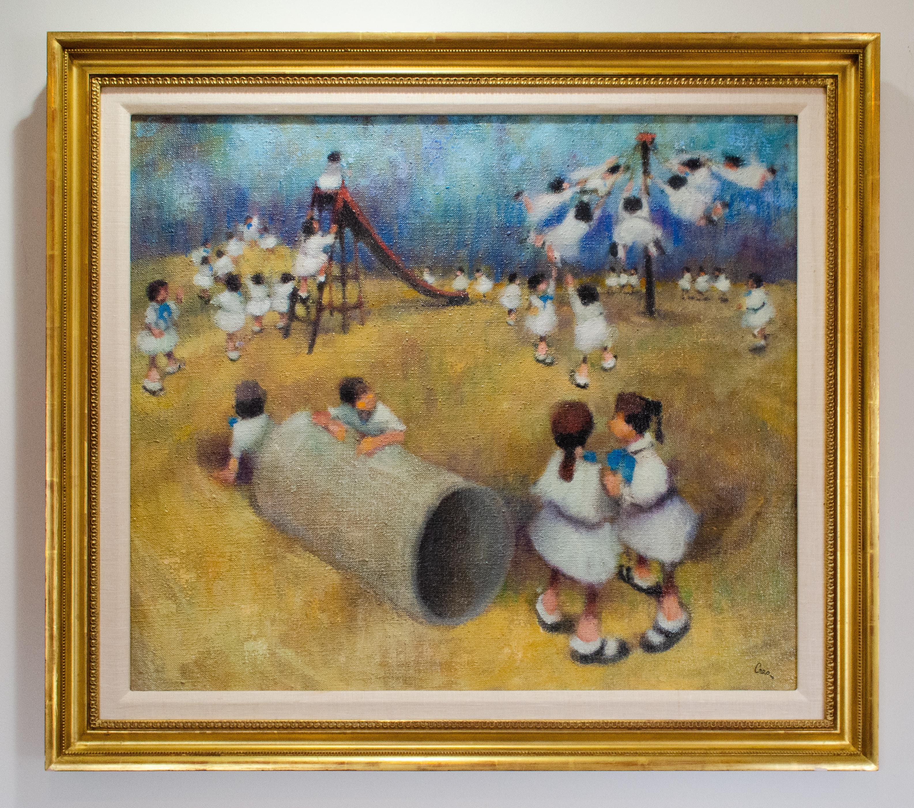 Leonard Creo (américain, 1923-2019)
Sans titre (enfants sur un terrain de jeu), C.I.C.
Huile sur toile
27 x 30 in.
Encadré : 32 1/4 x 35 3/4 in. 
Signé en bas à droite : Creo - 

Up&Up est né à New York, a grandi à Hollis, a suivi des cours à l'Art