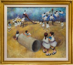 Peinture originale de Leonard Creo représentant des enfants sur un terrain de jeu