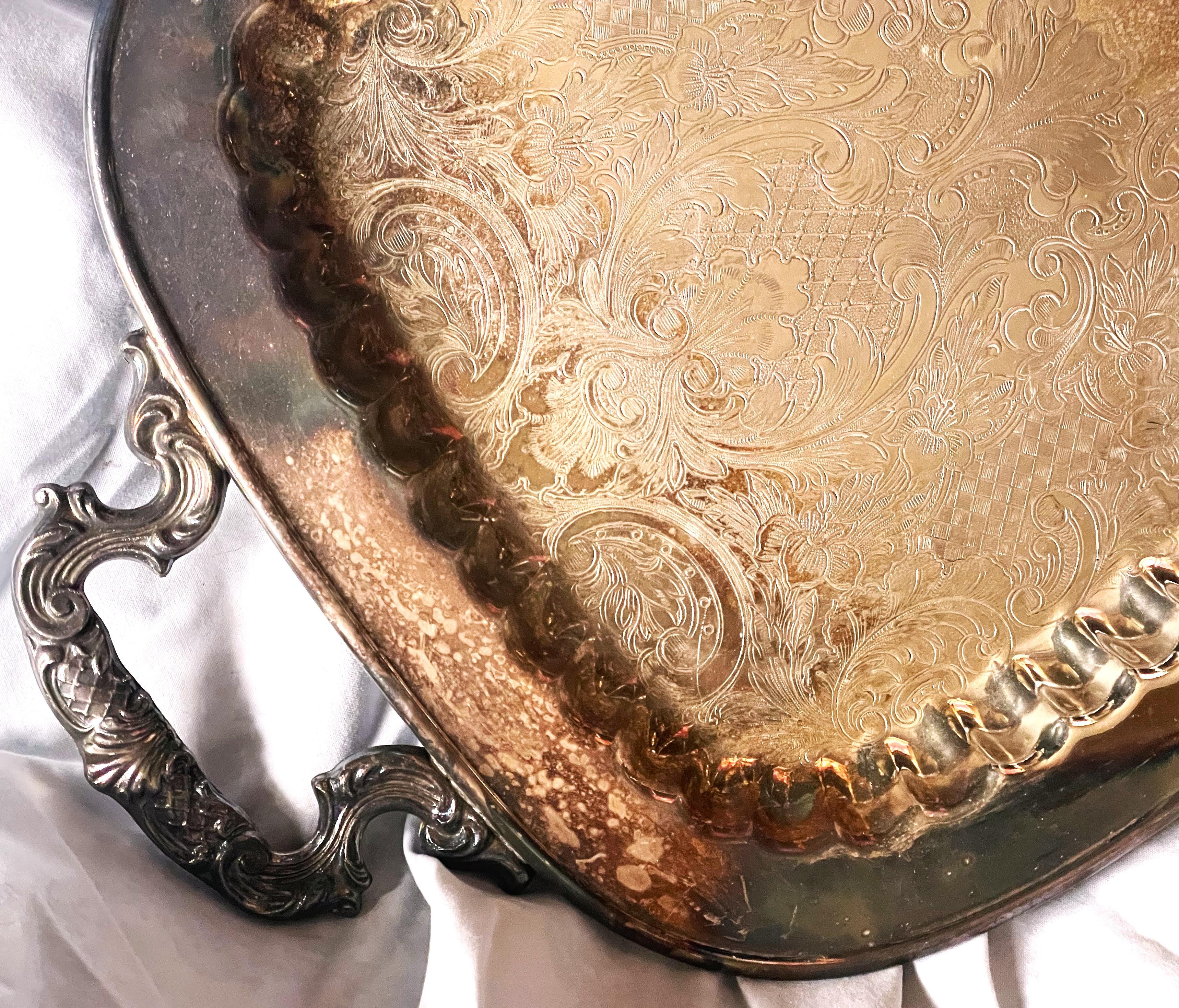 Leonard Etched Ribbed Silverplate Footed Handled Narrow Serving Bar Tray For Sale 4