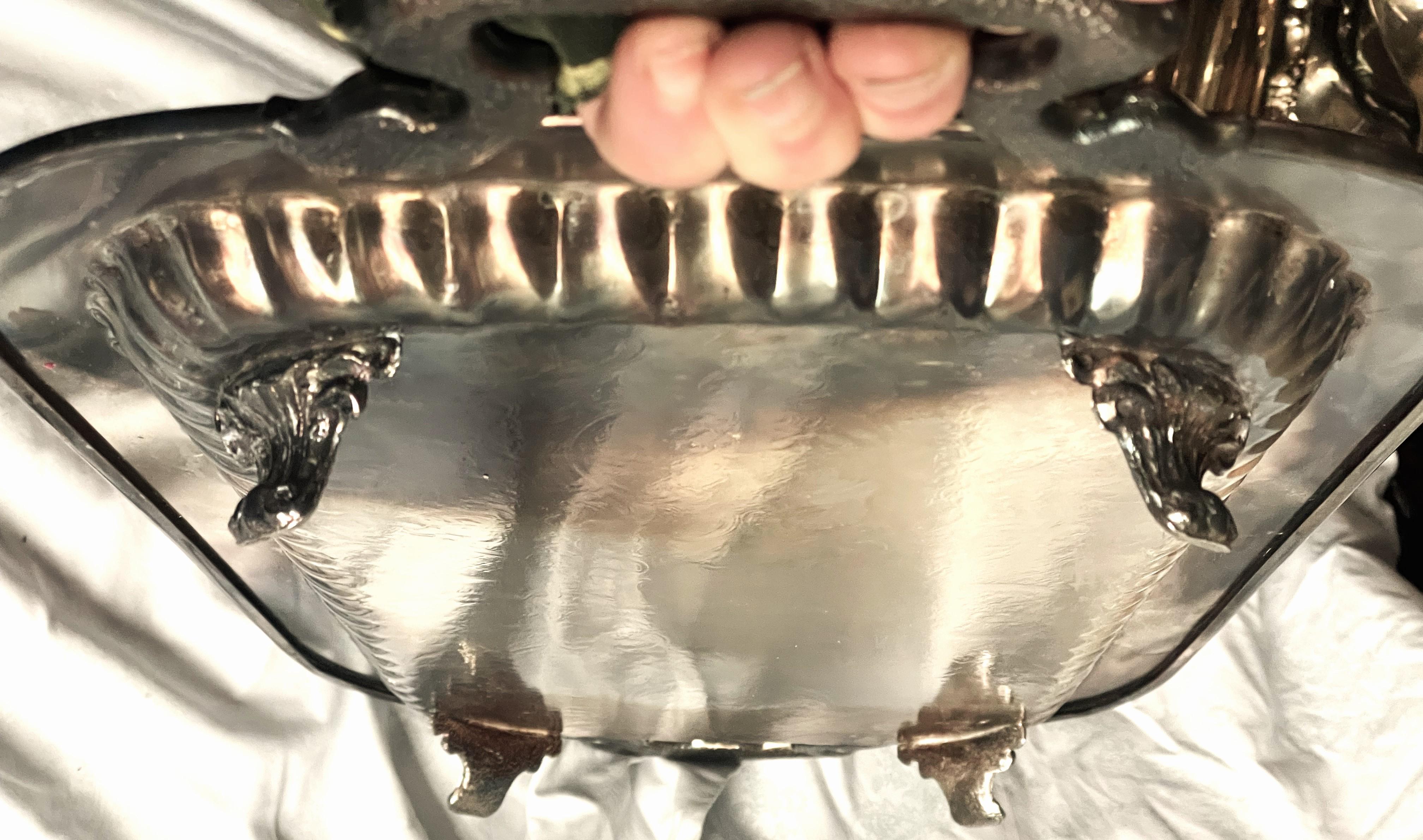 Leonard Etched Ribbed Silverplate Footed Handled Narrow Serving Bar Tray For Sale 5