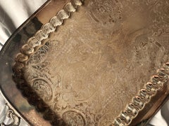 Leonard Etched Ribbed Silverplate Footed Handled Narrow Serving Bar Tray