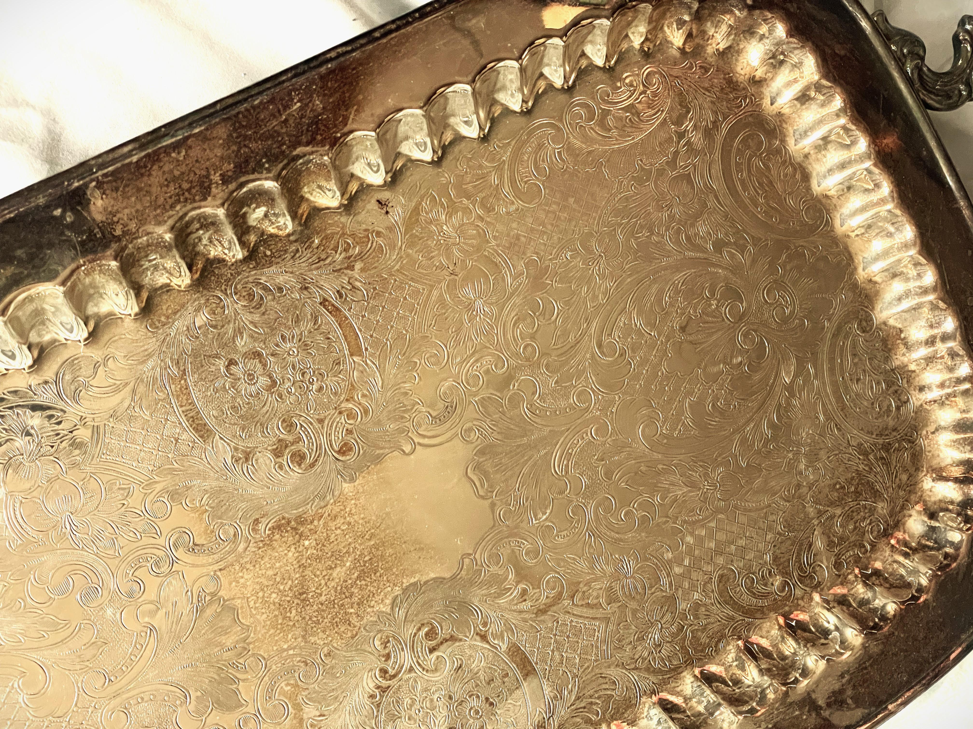 American Leonard Etched Ribbed Silverplate Footed Handled Narrow Serving Bar Tray For Sale