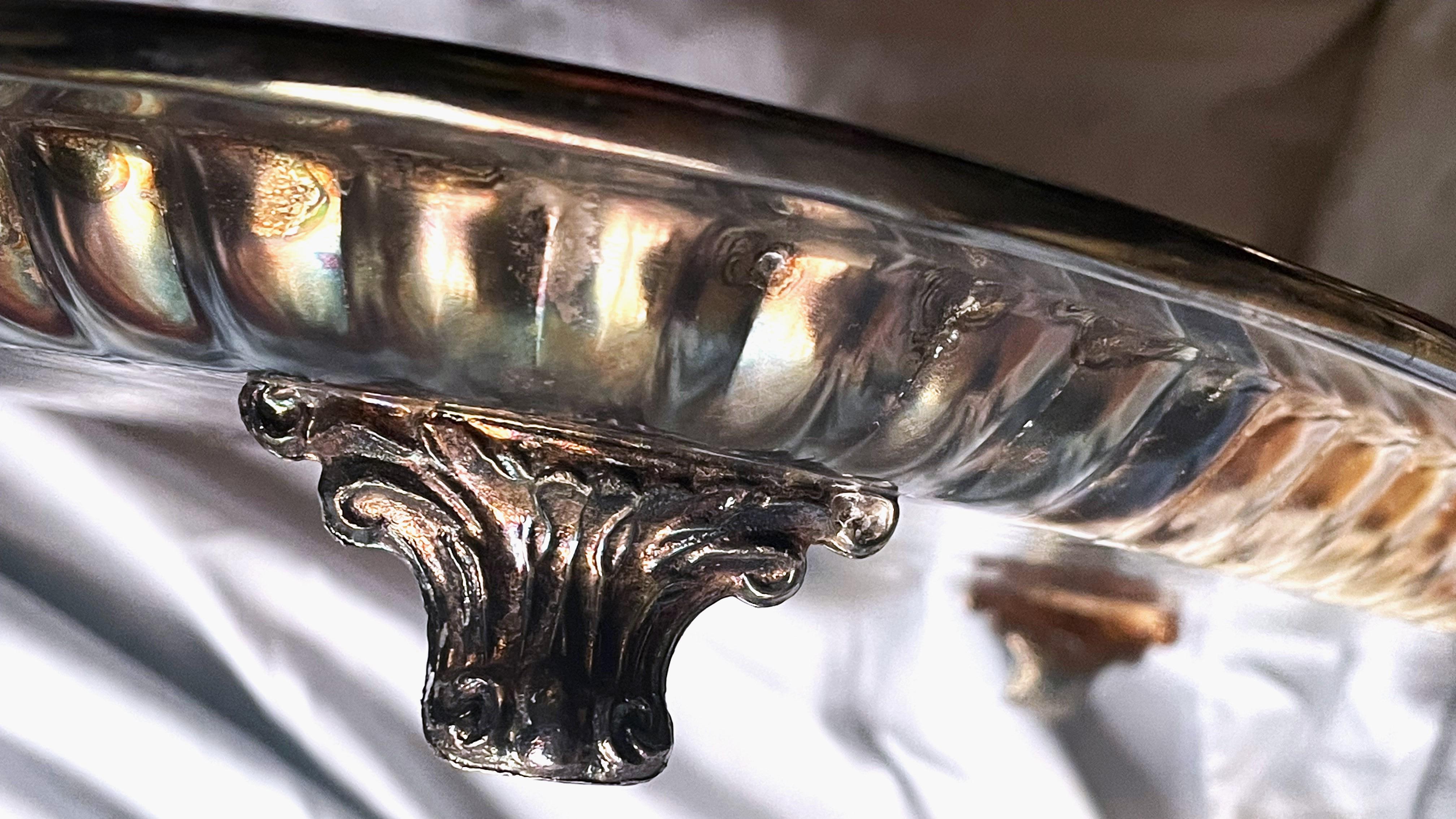 Silver Plate Leonard Etched Ribbed Silverplate Footed Handled Narrow Serving Bar Tray For Sale