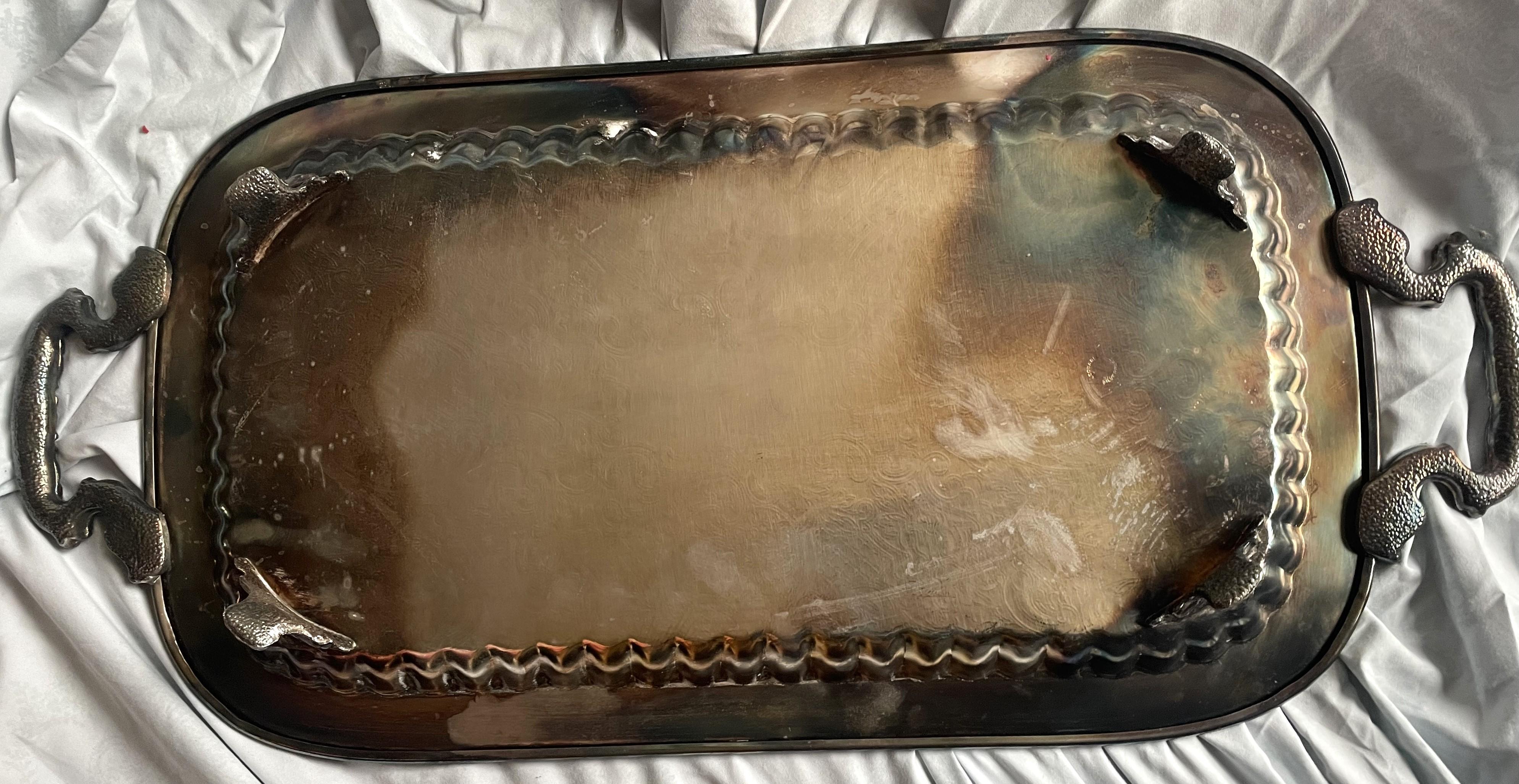 Leonard Etched Ribbed Silverplate Footed Handled Narrow Serving Bar Tray For Sale 1