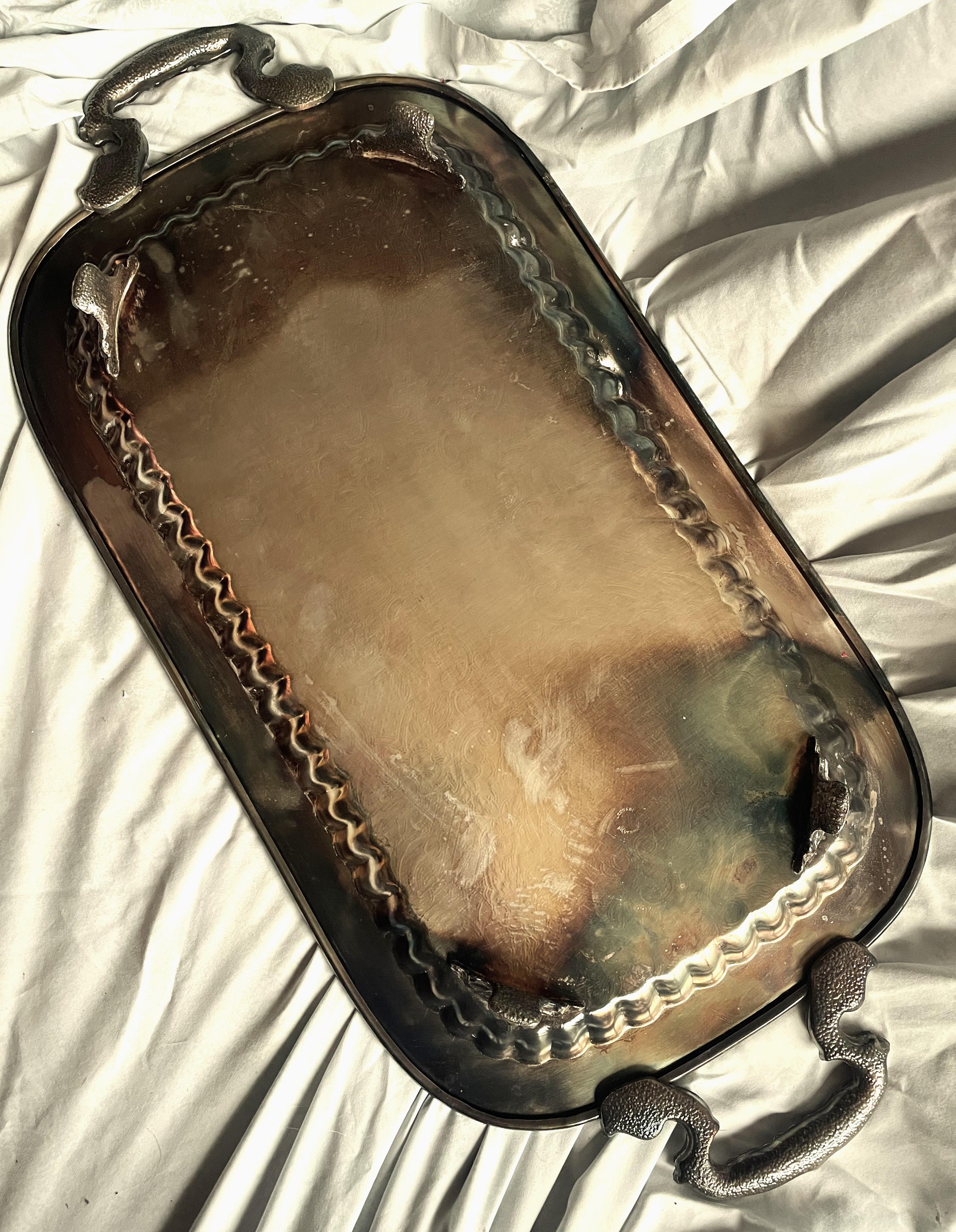 Leonard Etched Ribbed Silverplate Footed Handled Narrow Serving Bar Tray For Sale 2