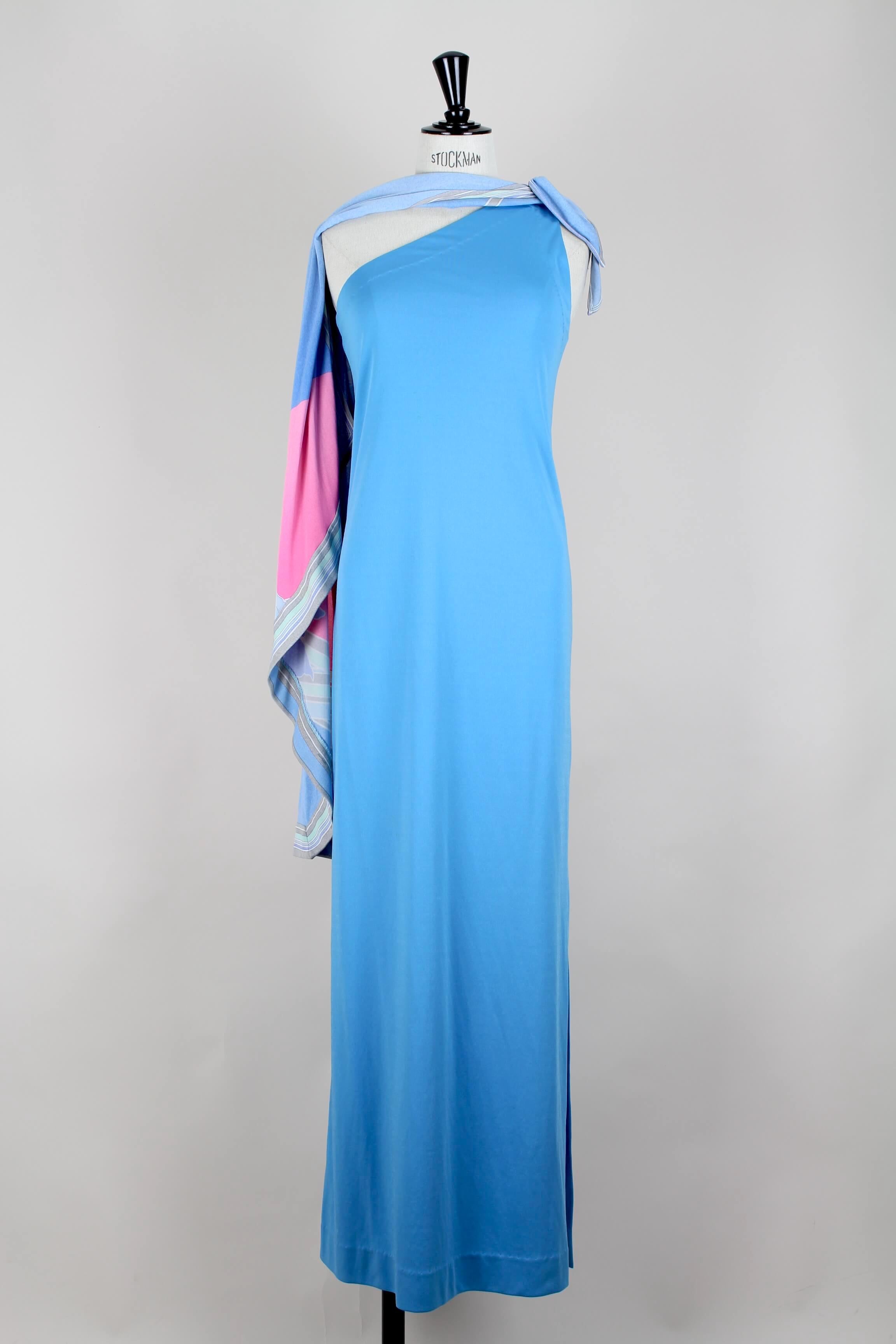 Leonard Fashion Paris One Shoulder Draped French Blue Jersey Maxi Dress, 1970s 2