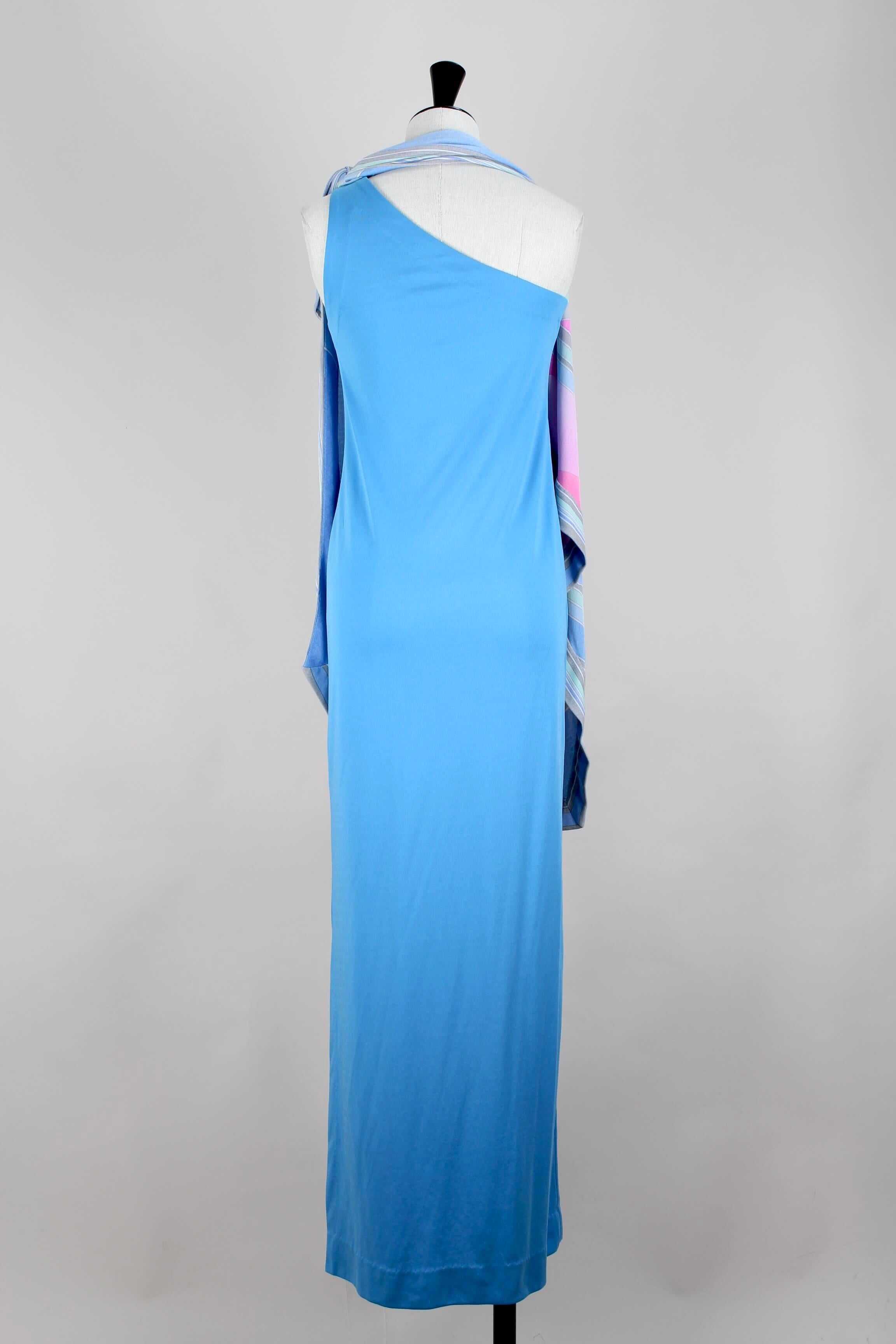 Leonard Fashion Paris One Shoulder Draped French Blue Jersey Maxi Dress, 1970s 3