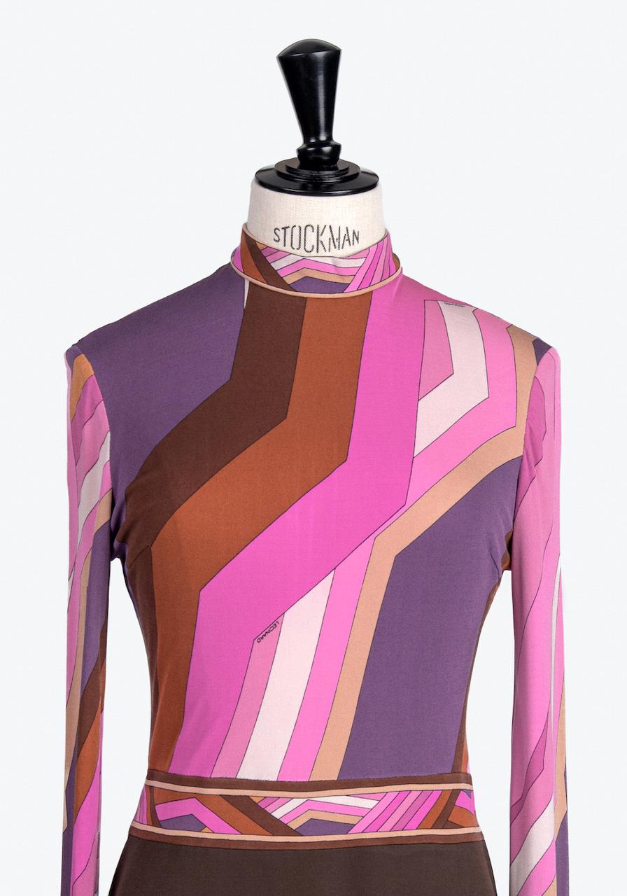 Black A/W 1973 LEONARD Fashion Paris 'Gringo' Signature Print Pink Brown Jersey Dress For Sale