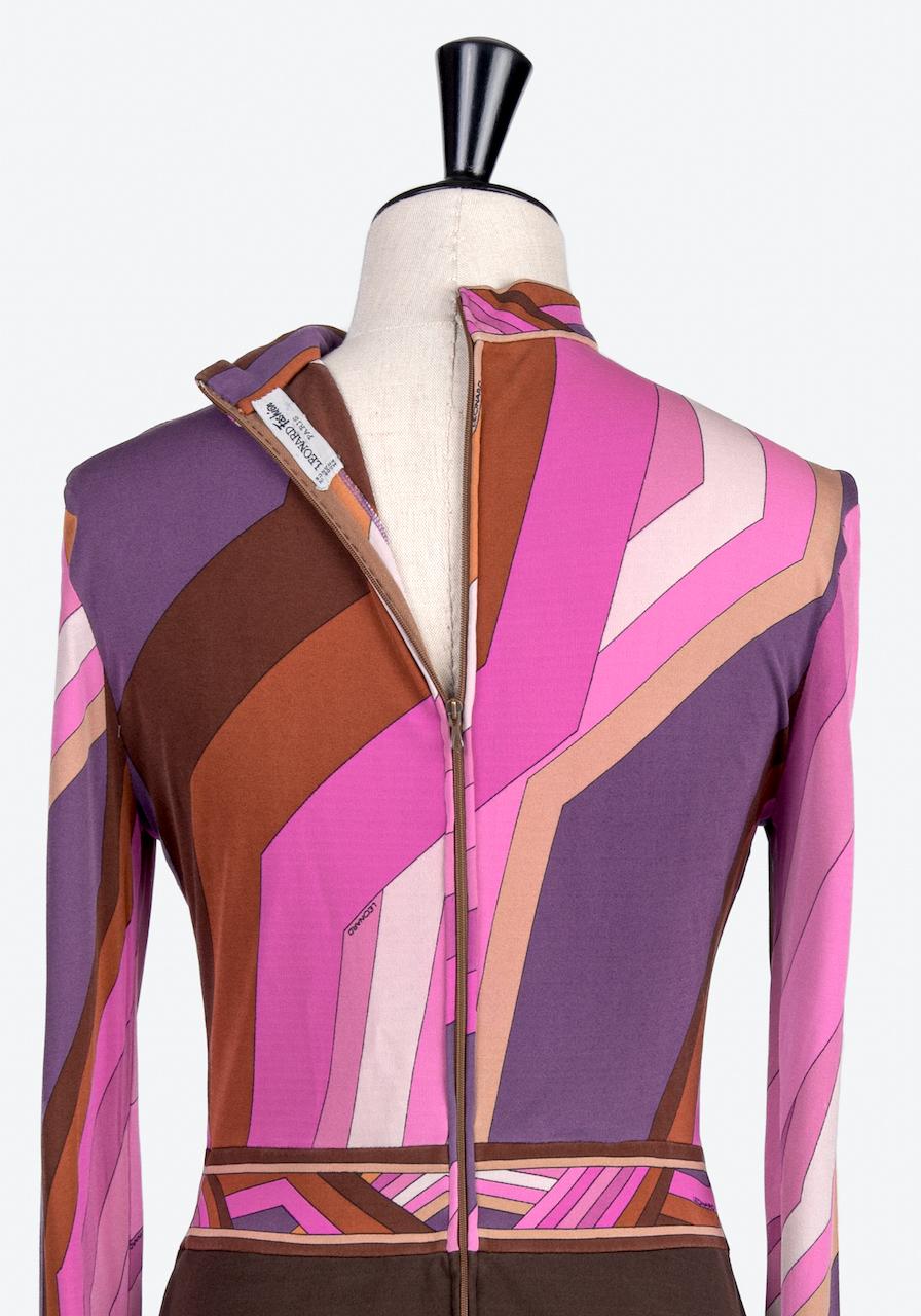 Women's A/W 1973 LEONARD Fashion Paris 'Gringo' Signature Print Pink Brown Jersey Dress For Sale