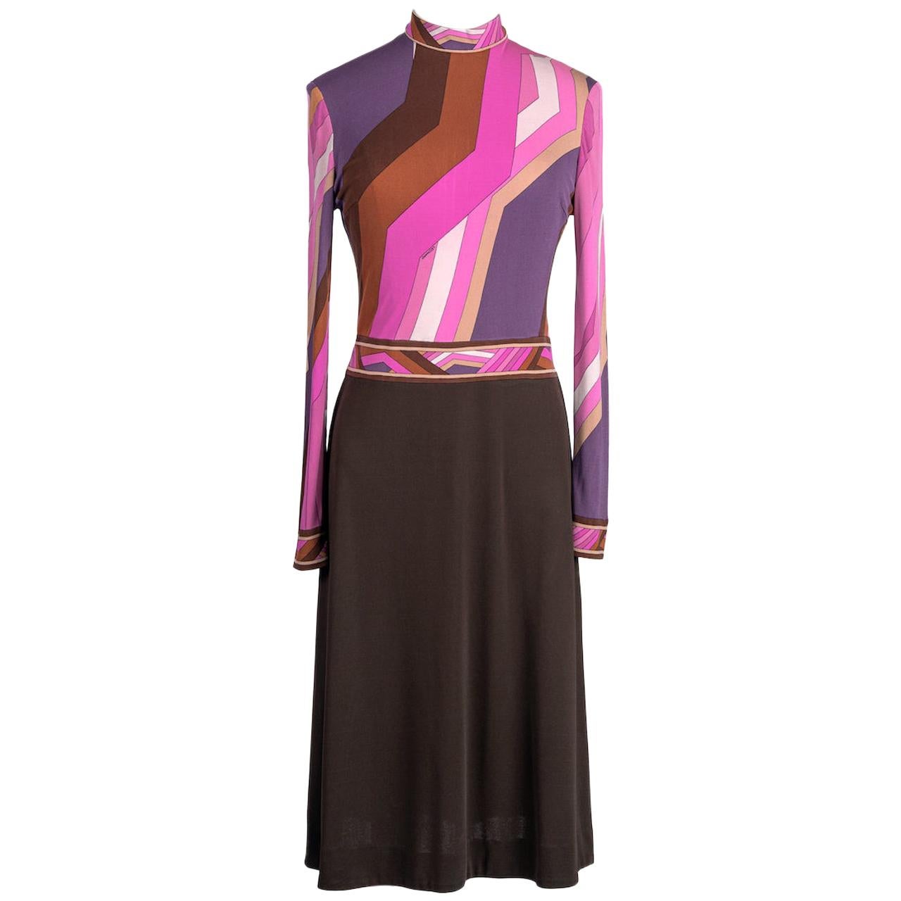 A/W 1973 LEONARD Fashion Paris 'Gringo' Signature Print Pink Brown Jersey Dress For Sale