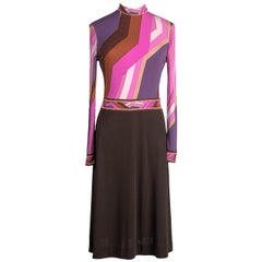 Retro A/W 1973 LEONARD Fashion Paris 'Gringo' Signature Print Pink Brown Jersey Dress