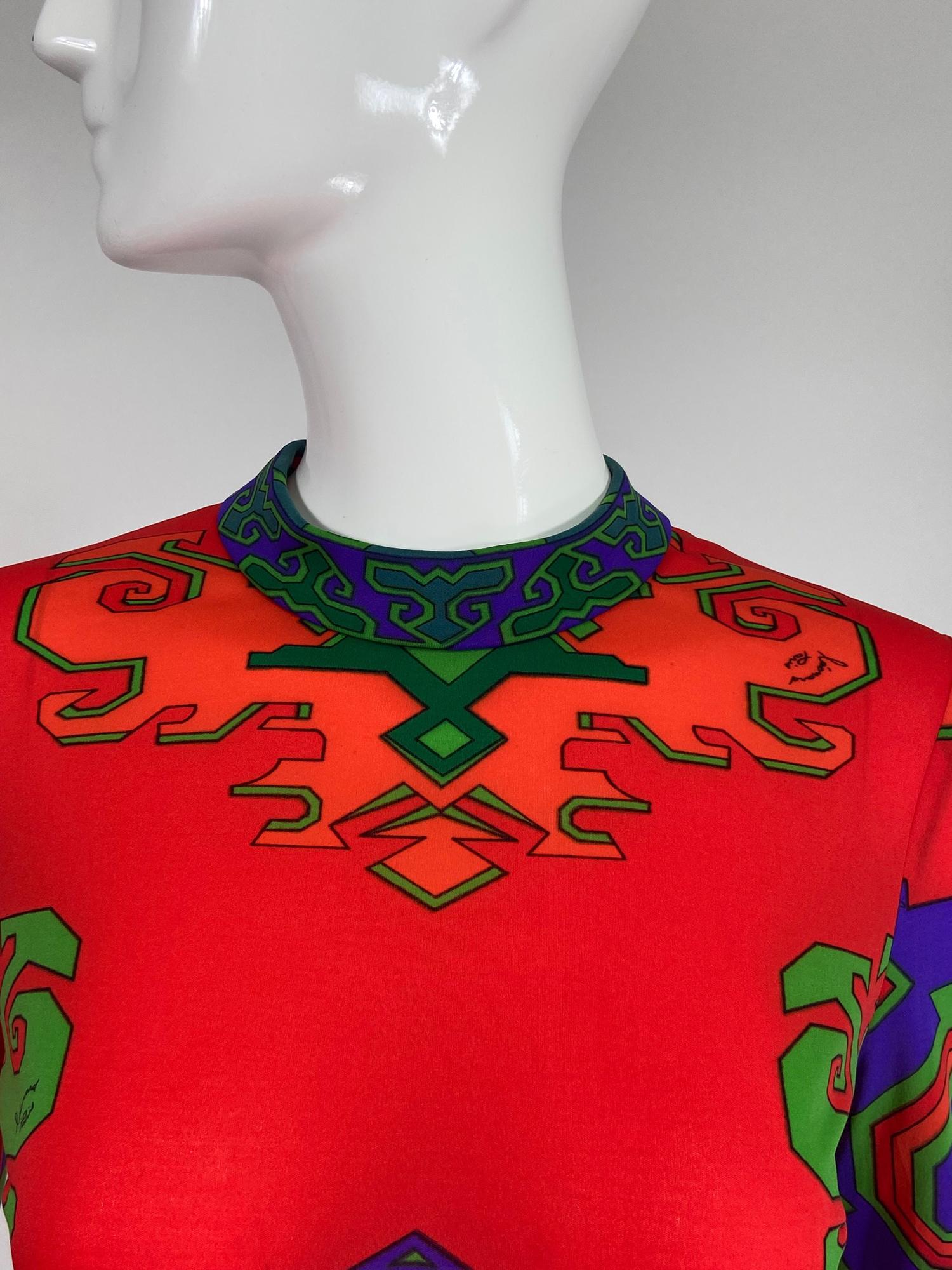 Leonard Fashion Paris Silk Jersey Geometric Design Dress 1970s 5