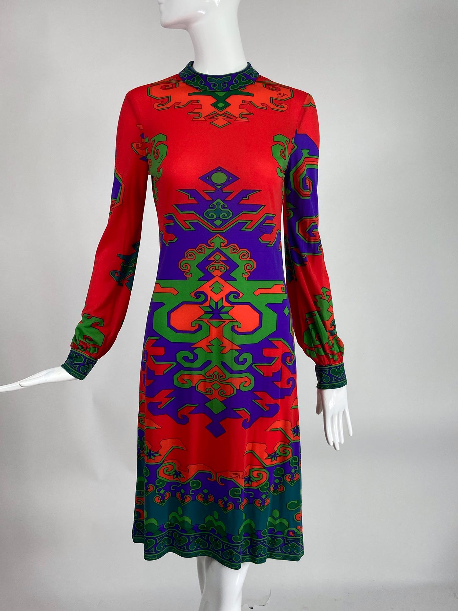 Leonard Fashion Paris Silk Jersey Geometric Design Dress 1970s 6