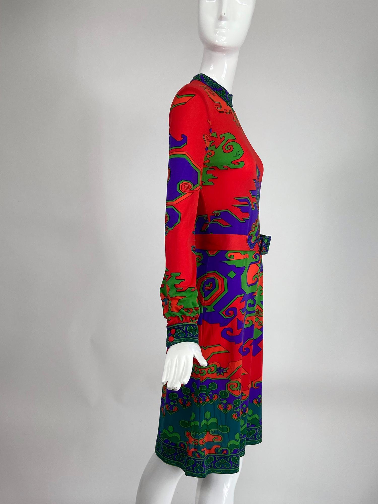 Black Leonard Fashion Paris Silk Jersey Geometric Design Dress 1970s