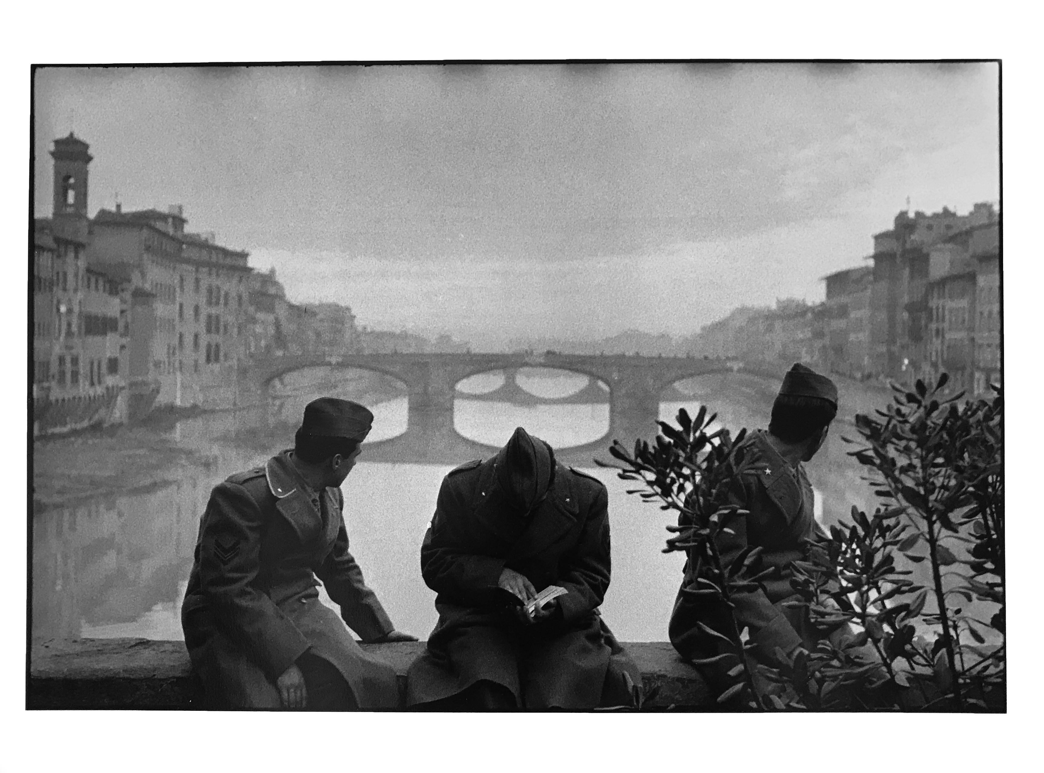 Leonard Freed Black and White Photograph - Arno River, Florence, Italy, Street Photography of Soldiers