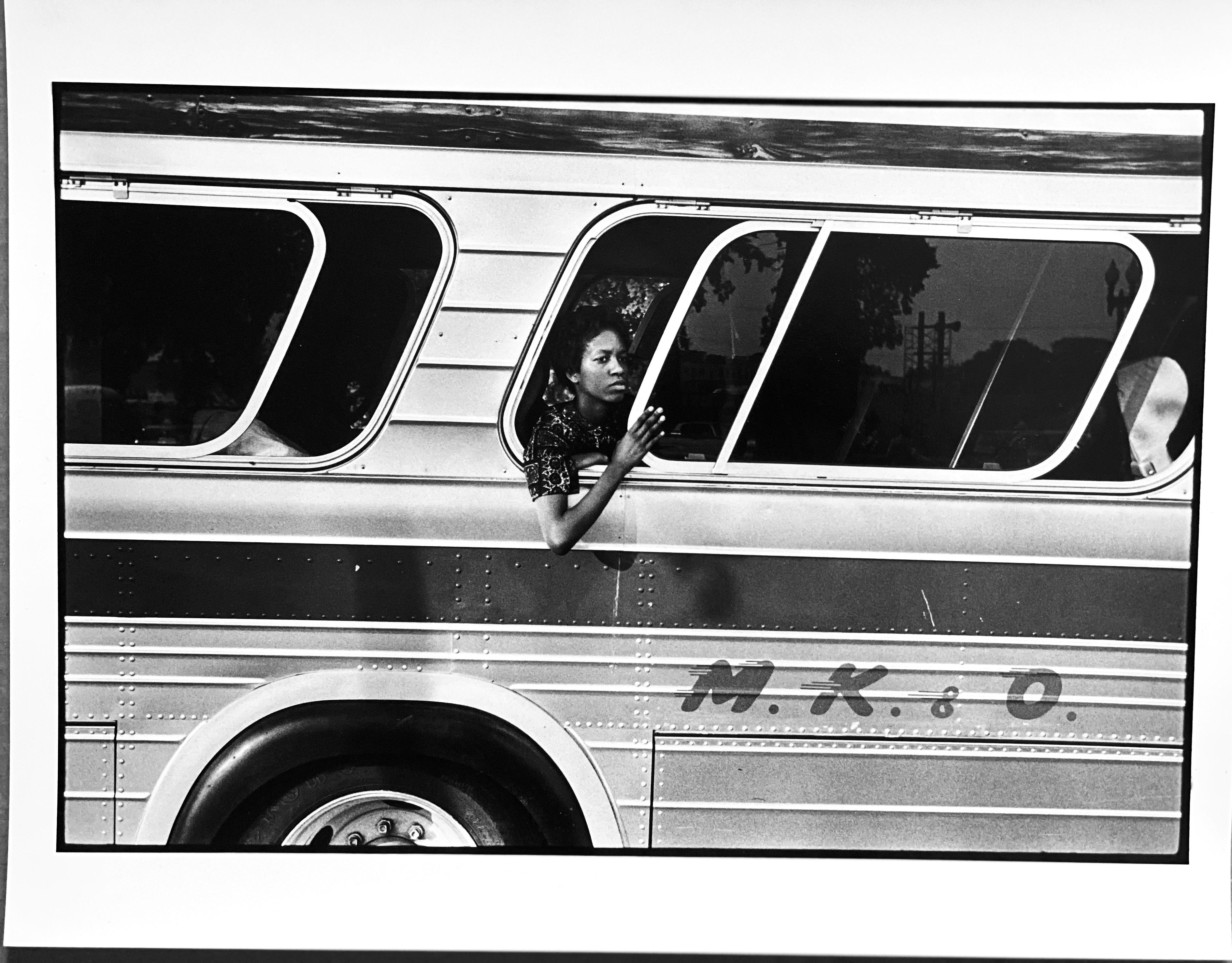 Leonard Freed Black and White Photograph - Woman on Bus, Washington Protest, African-American Civil Rights Photography 
