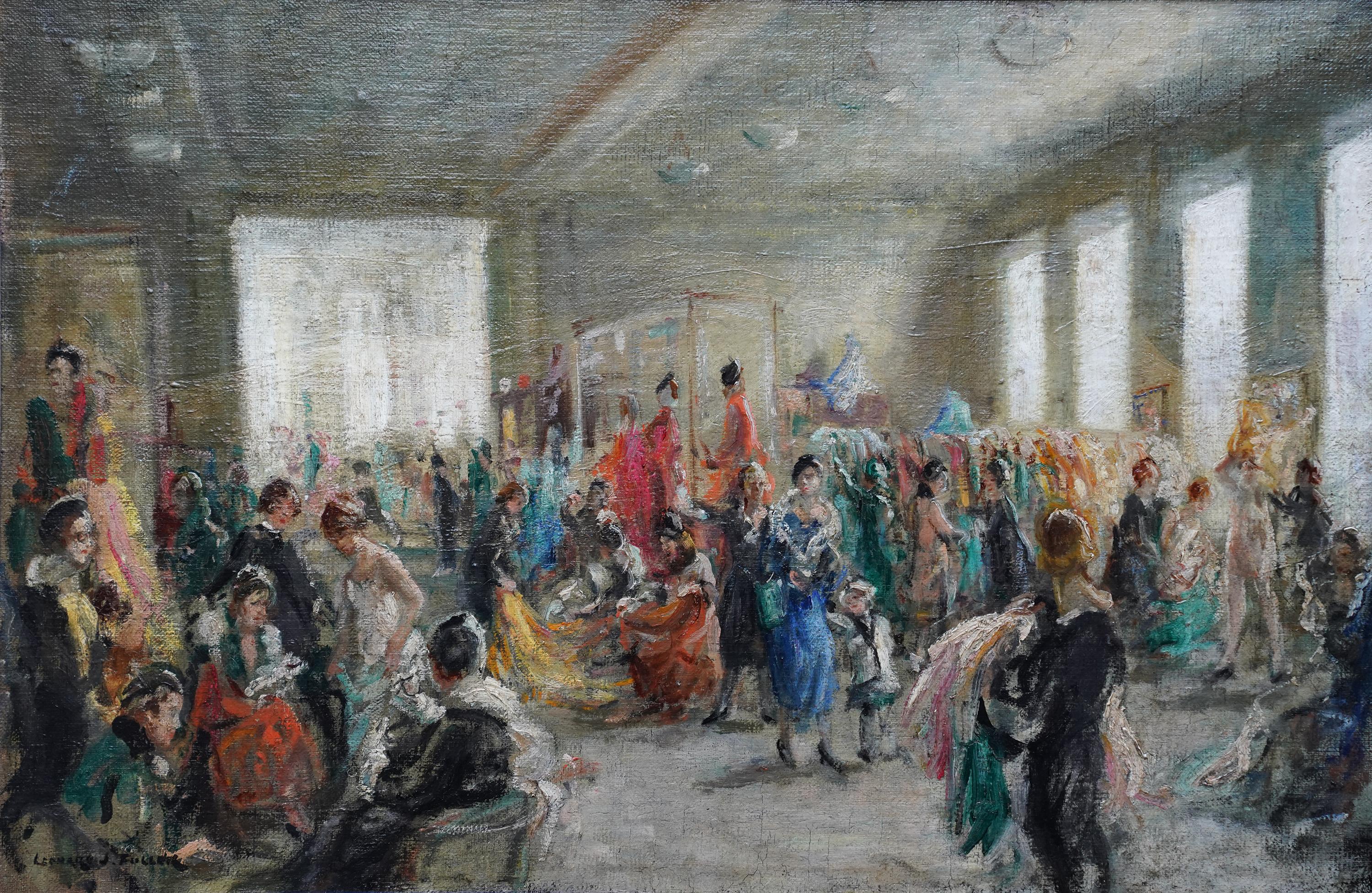 Harrods's Dress Department Interior - Ölgemälde im Stil des britischen Impressionismus – Painting von Leonard Fuller