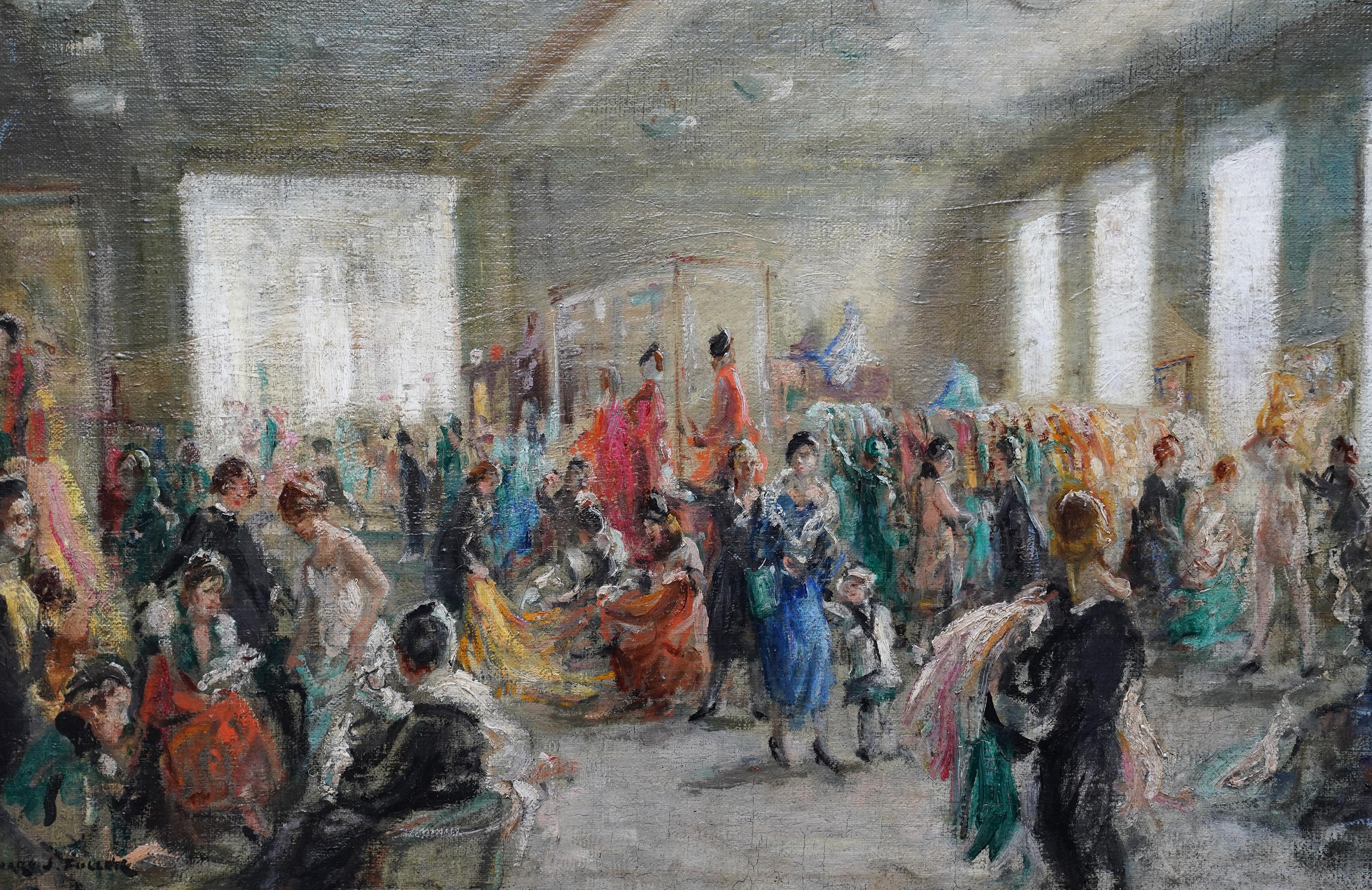 Harrods's Dress Department Interior - Ölgemälde im Stil des britischen Impressionismus (Grau), Interior Painting, von Leonard Fuller