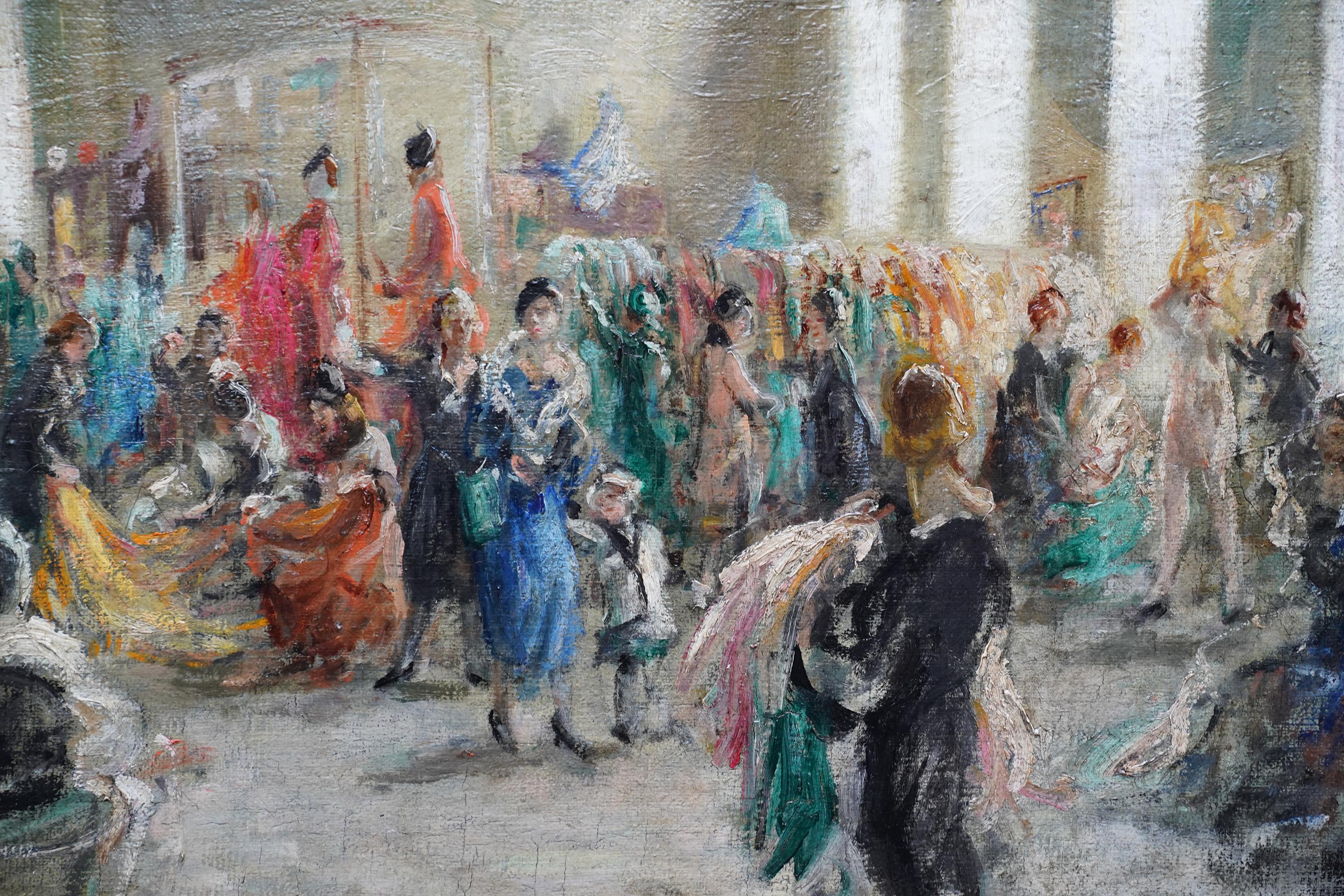 Diese fantastische britische 1940's Impressionist figurative Interieur Ölgemälde ist von bekannten Künstler Leonard Fuller. Die um 1940 entstandene farbenfrohe Komposition blickt in ein langgestrecktes, geschäftiges Kleiderkaufhaus wie Harrods, in