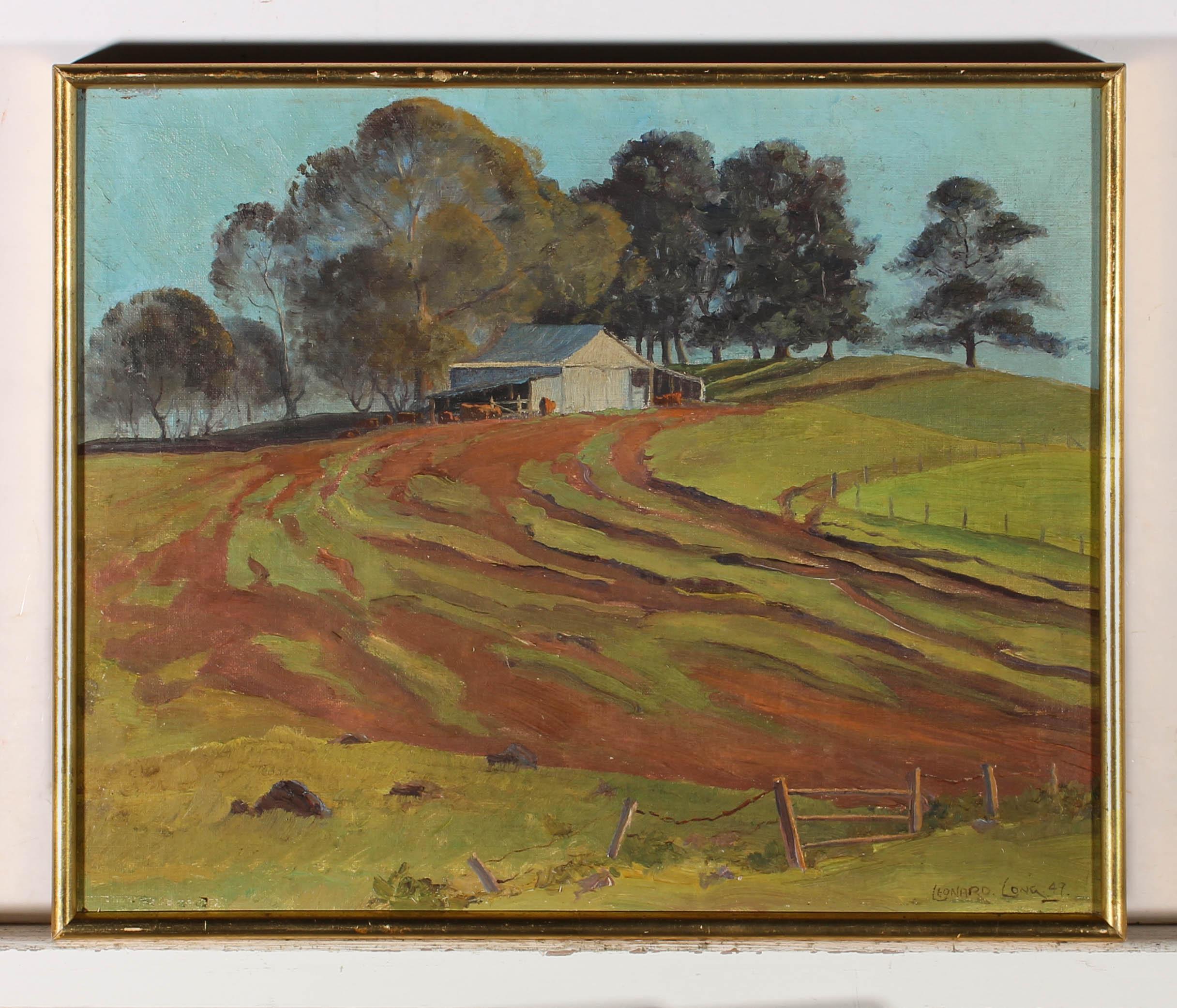 A delightful oil of an Australian rural environment with the farmers feeding shed in the distance. In the foreground we can see the farmers path meandering up to the shed and beyond into the woodland behind. Signed and dated to the lower right with