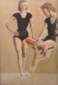 St Ives School c.1950 oil painting Portrait Of Young Girl Ballerinas Dancing