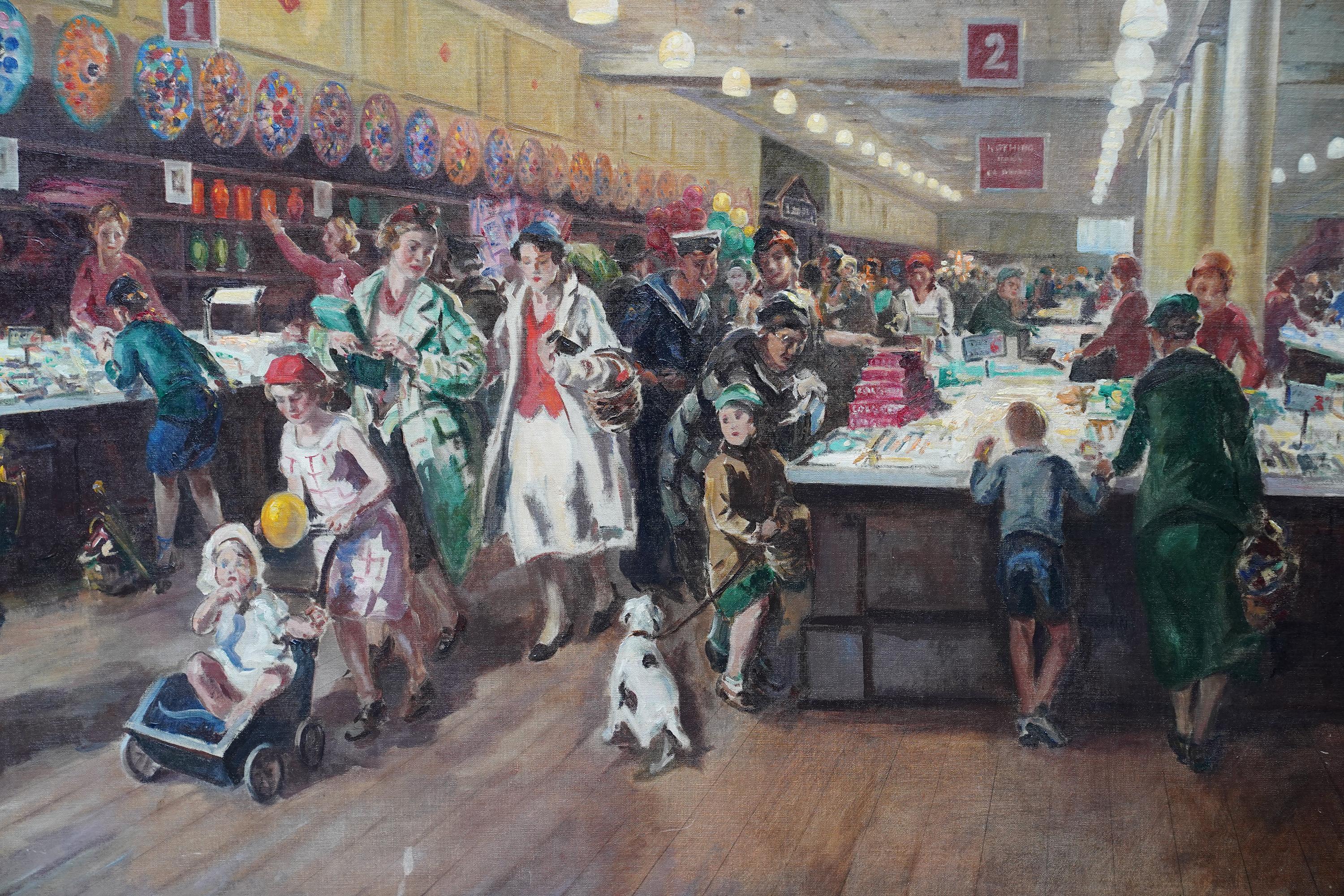 Woolworths, Sutton, London - British figurative shop interior art oil painting - Realist Painting by Leonard John Fuller