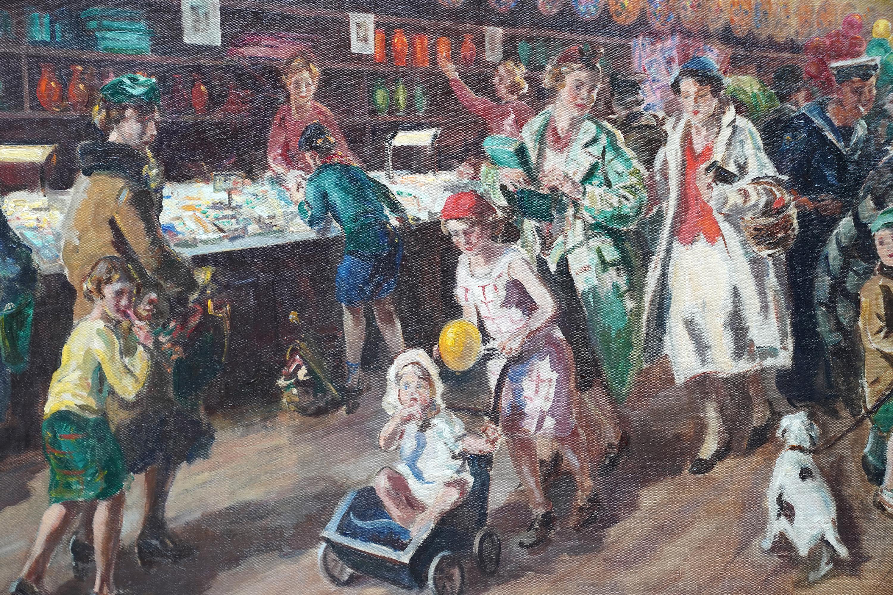 Woolworths, Sutton, London - British figurative shop interior art oil painting - Gray Interior Painting by Leonard John Fuller