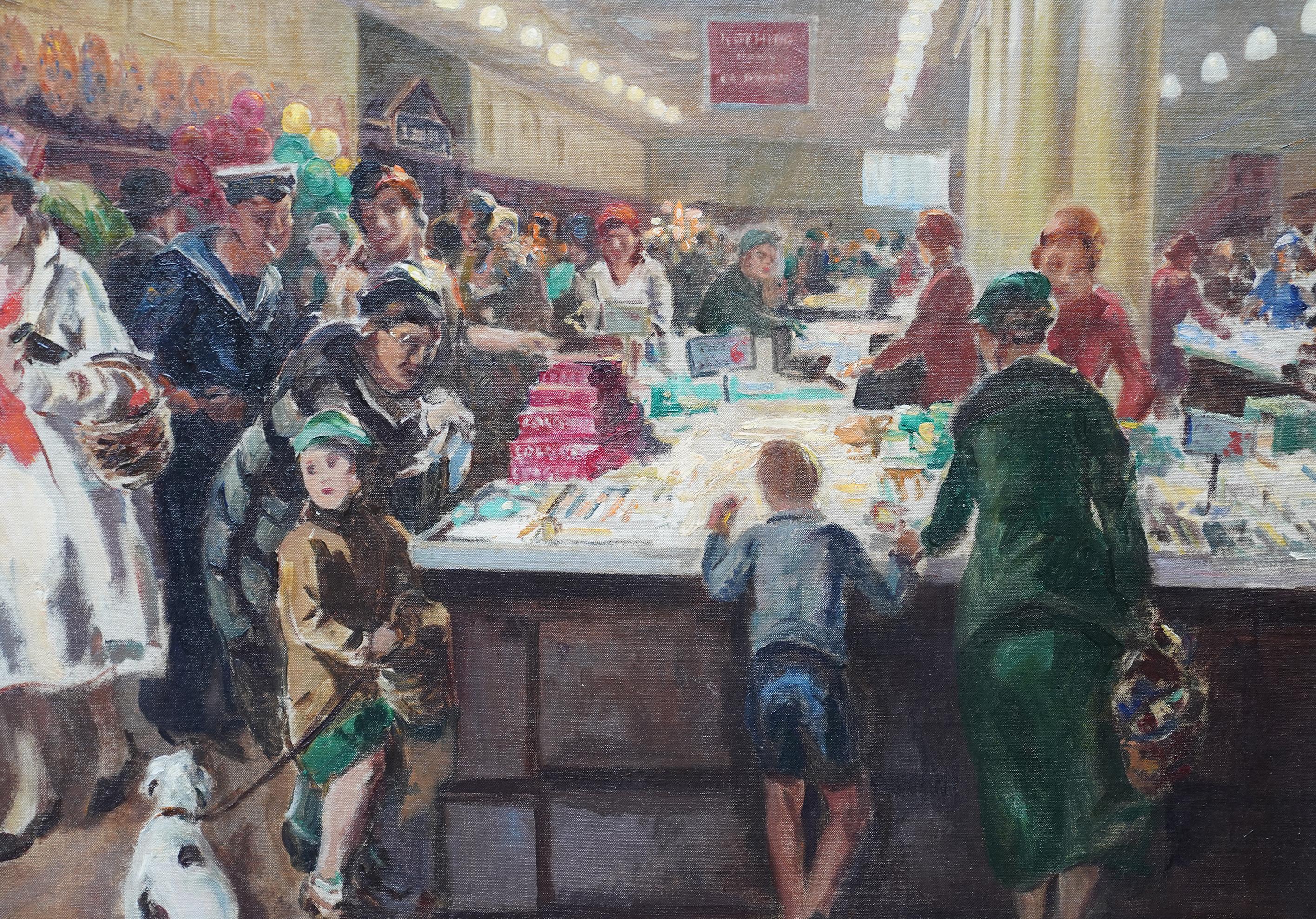 This fantastic British 1940's figurative interior oil painting is by noted artist Leonard Fuller. Painted circa 1940, the colourful composition is looking into a busy Woolworths store with their trade mark wooden floors and counters.  The aisles are