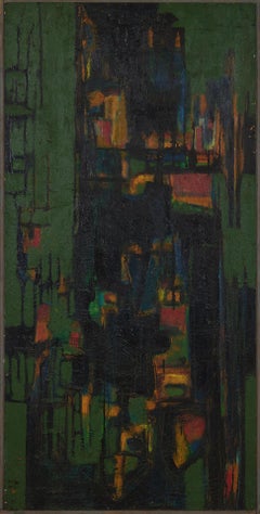 Large Mid-Century Abstract Geometric Painting in Green and Black
