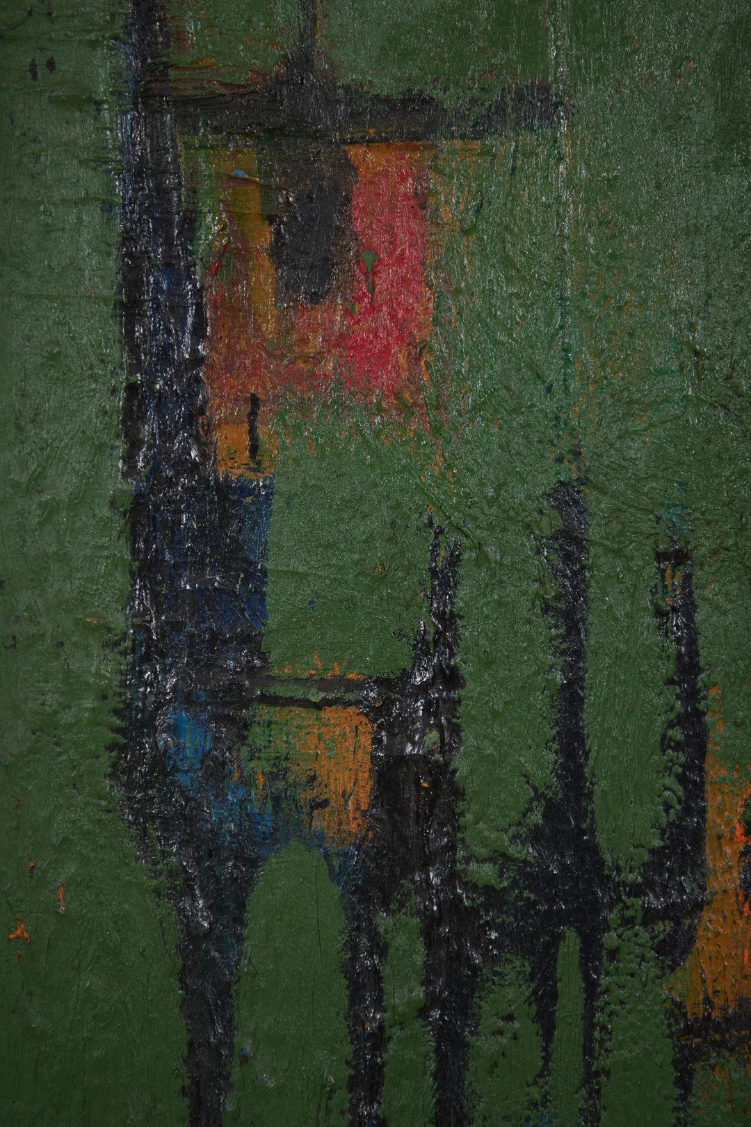 Leonard Lieb (Amerikaner, 1912-1977)
Abstrakt in Grün und Schwarz, um 1950
Öl auf Masonit
Signiert unten in der Mitte
48 x 24 Zoll

Leonard Lieb war ein in Polen geborener Maler von Genreszenen aus Pittsburgh; seine Werke wurden im Art Institute of
