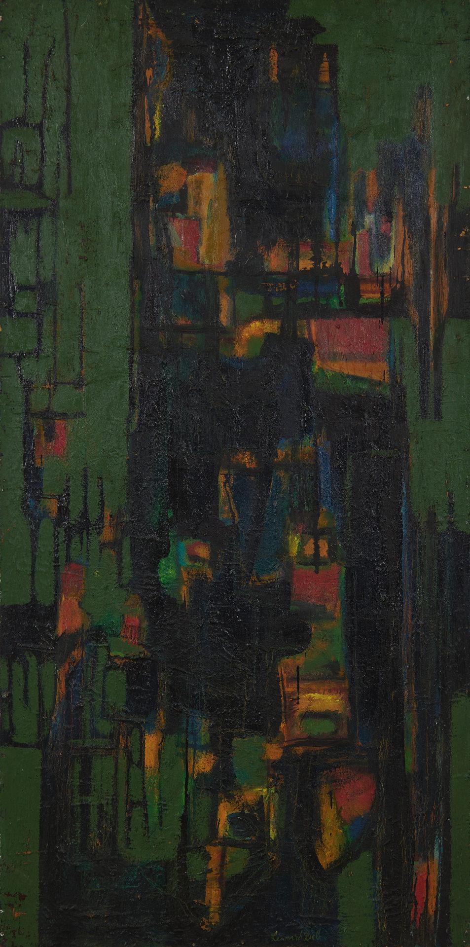 Leonard Lieb Abstract Painting – Großes abstraktes geometrisches Gemälde aus der Mitte des Jahrhunderts in Grün und Schwarz