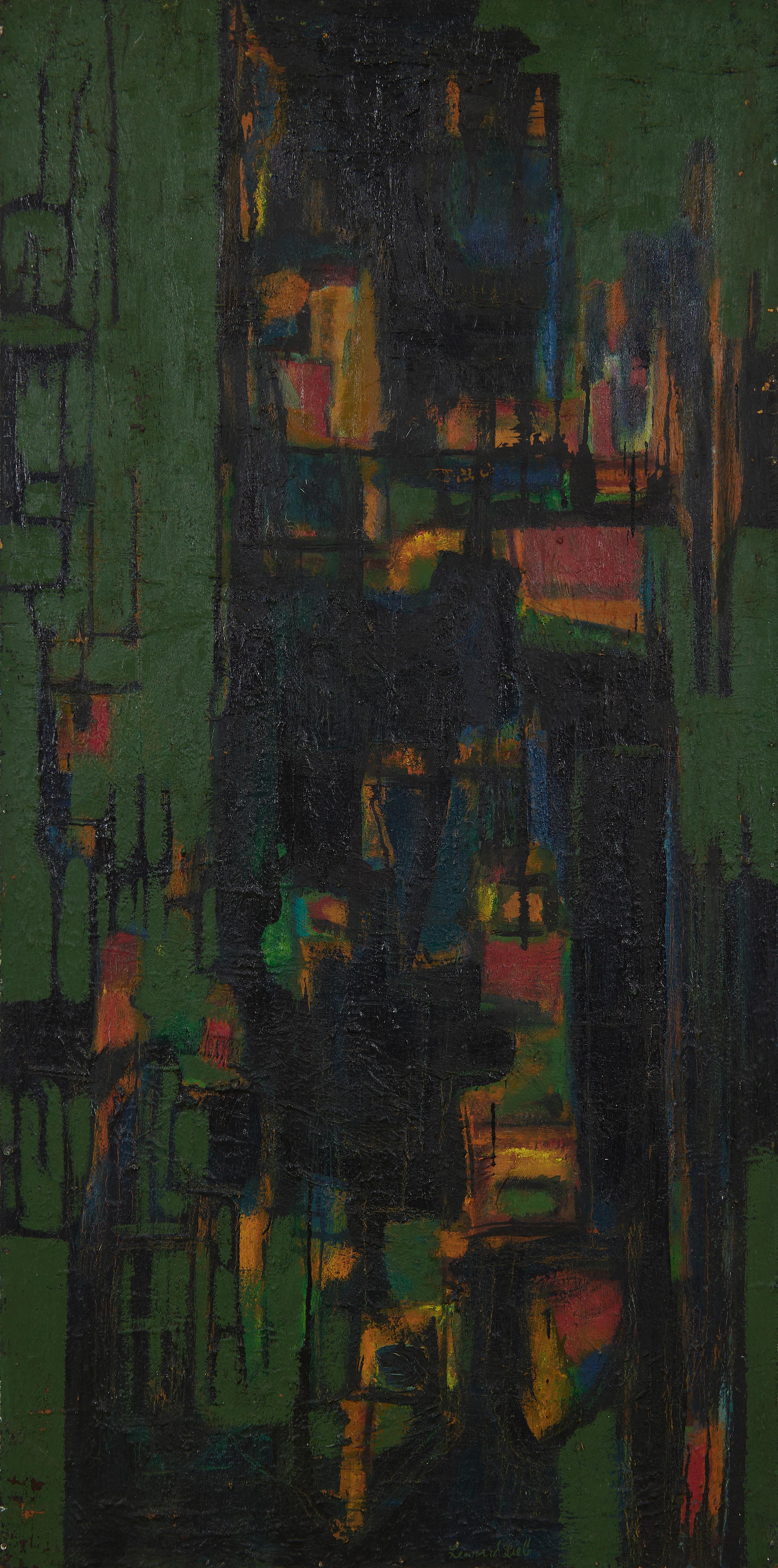 Large Mid-Century Abstract Geometric Painting in Green and Black