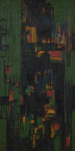 Large Mid-Century Abstract Geometric Painting in Green and Black
