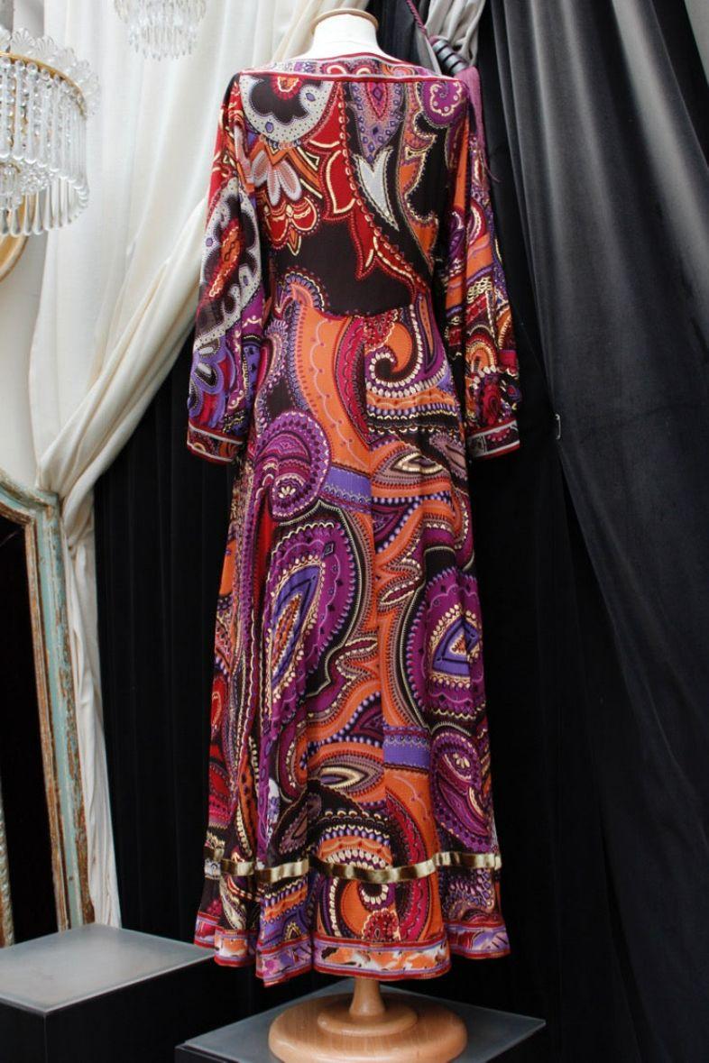 Brown Leonard Long Crepe Silk Dress, Size 40FR For Sale